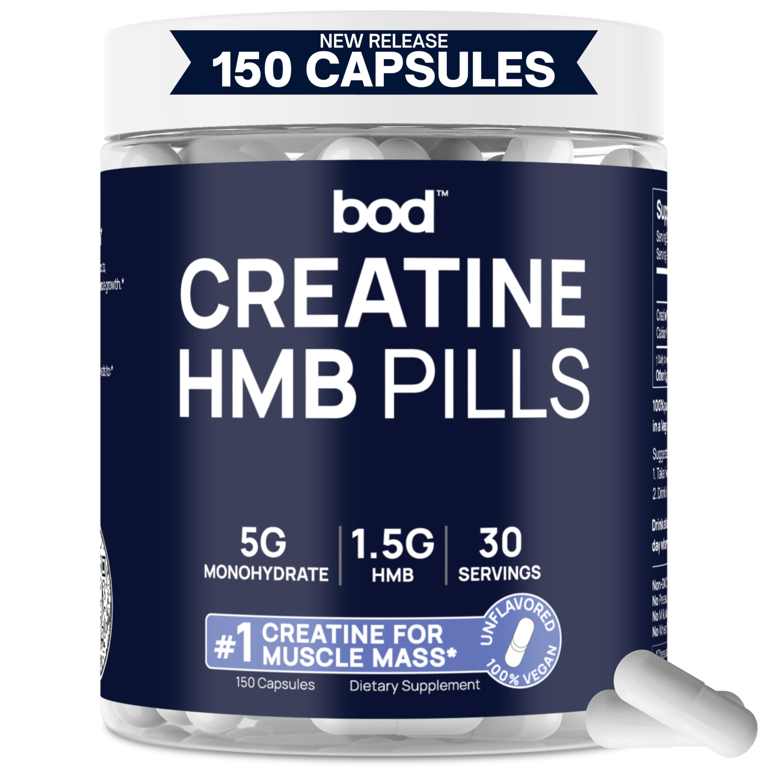 Bod Creatine HMB Capsules, Creatine Monohydrate Powder with HMB for Muscle Growth, Increased Strength, Energy, and Performance - No Bloat, No Load,