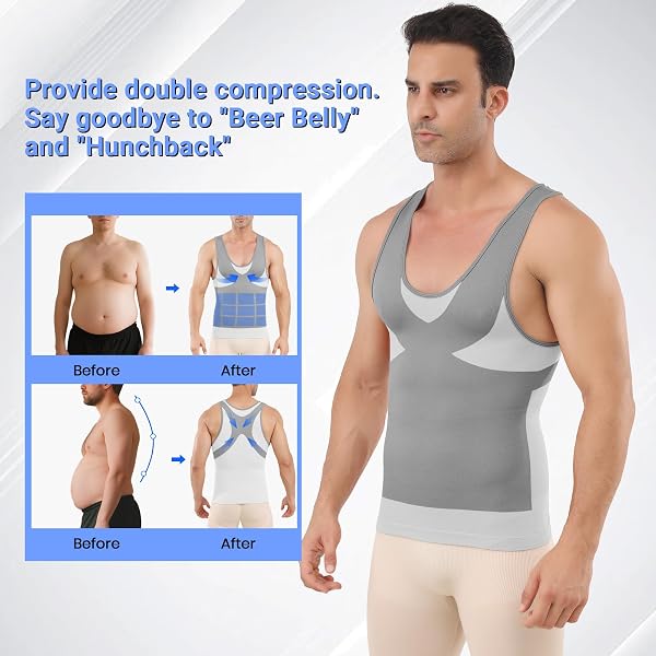 MEETWEE Débardeur Compression Homme,Manches Courtes pour Hommes Maillot de Corps Ventre Plat Minceur Gilet Invisible Amincissant sans Manches Body Shaper Tee Shirt - 4