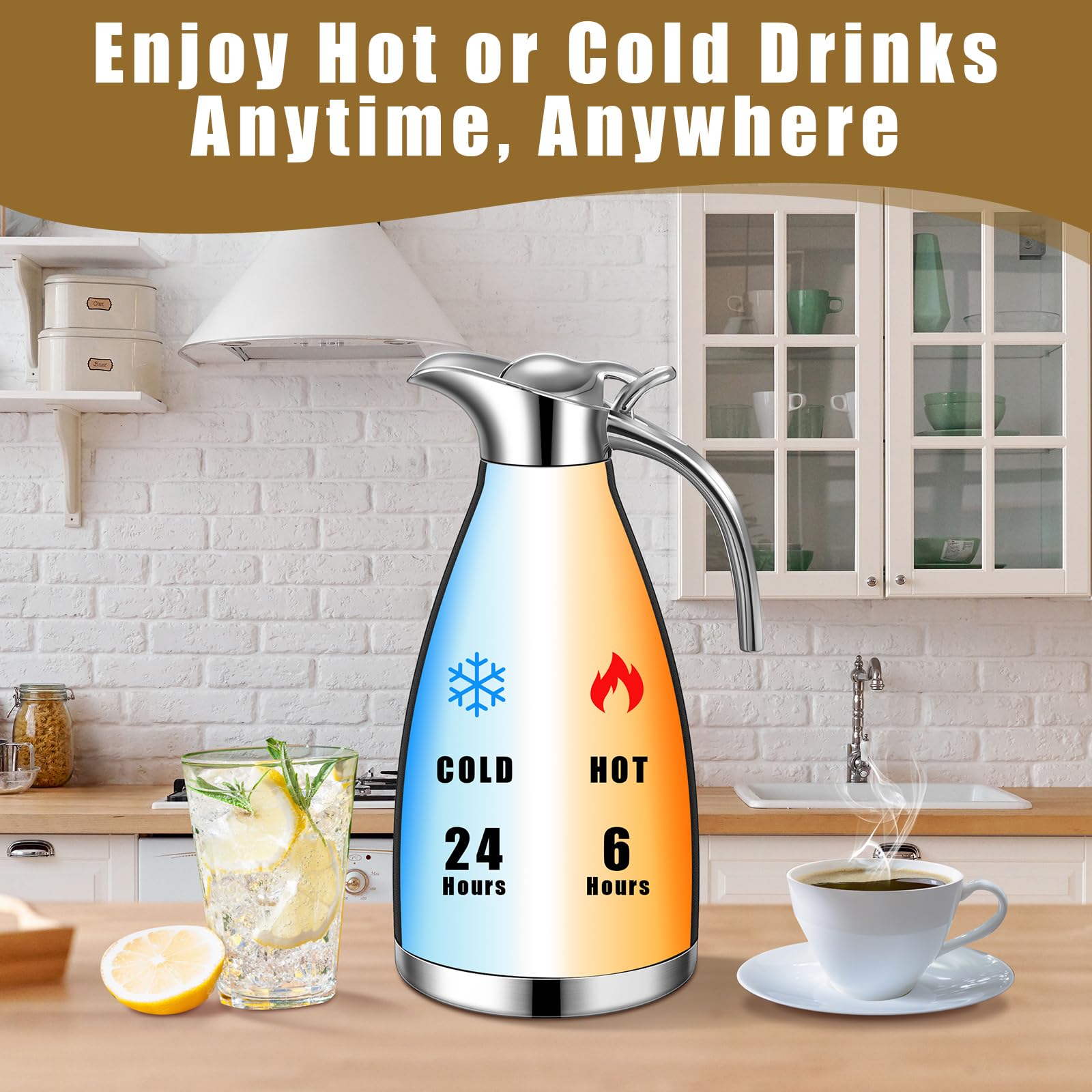 Uiifan 2 jarras térmicas de acero inoxidable de 68 onzas, jarra térmica de café aislada de doble pared al vacío con cepillos, retención de calor de 12 horas (negro, blanco)