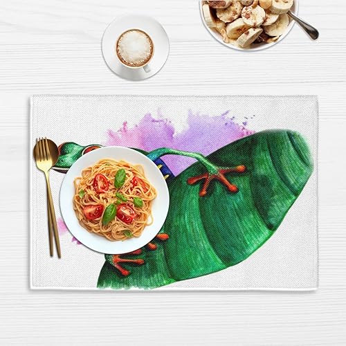 Miniatura 6 de Juego de 4 manteles individuales de decoración de ranas, lavables, impermeables, para fiestas, hogar, comedor, decoración de mesa de 18 x 12 pulgadas