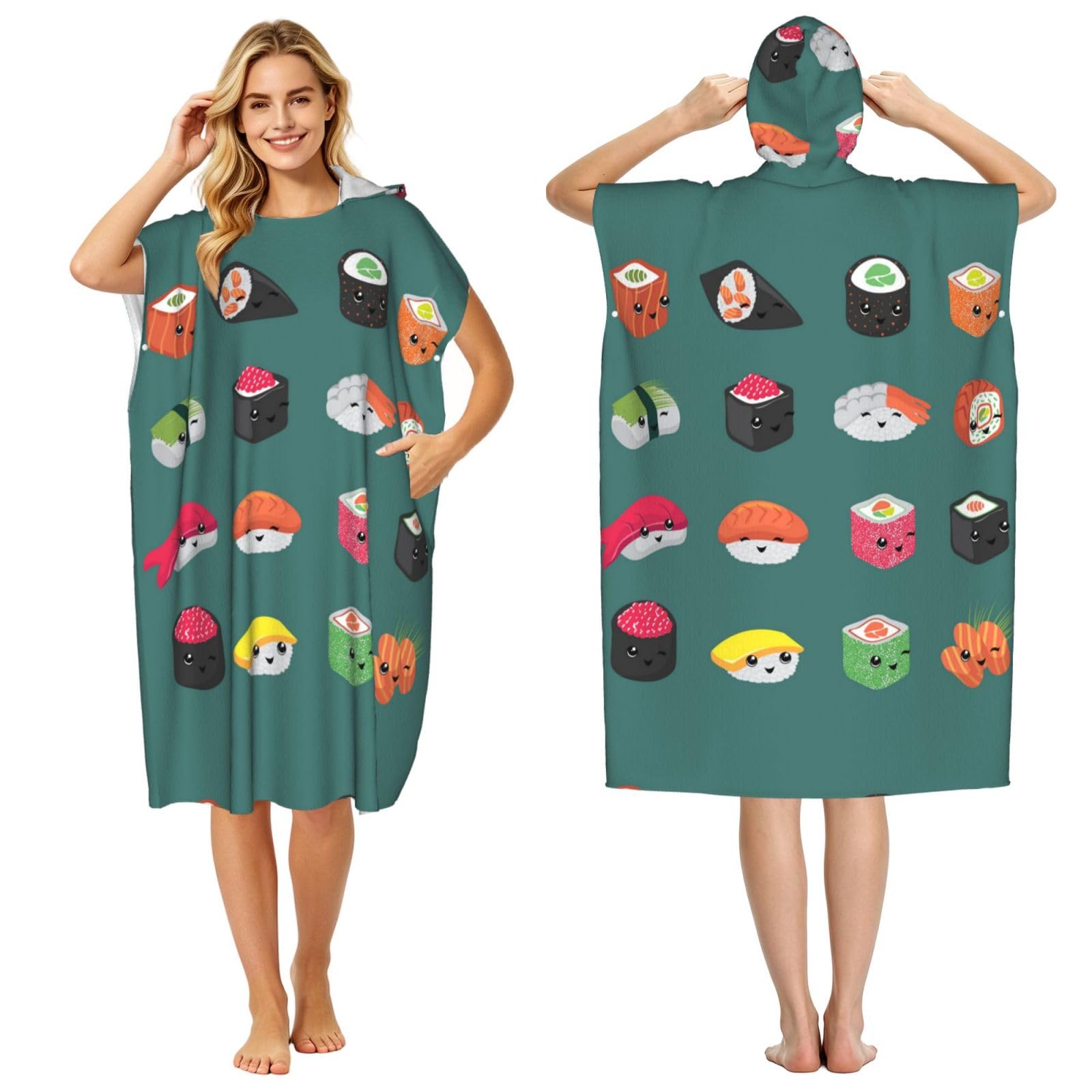 Poadnly Sushi, Adult Hooded Beach Towel 90 x 110 cm,Changing Bath Robe, Surf Poncho Towel For Women Men