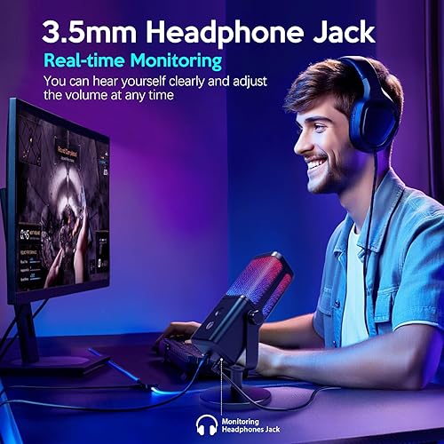 Miniatura 5 de VCOM Micrófono USB para PC, micrófono RGB para juegos con botón de silencio, control de ganancia, auriculares de monitoreo Jack de 0.138 in,