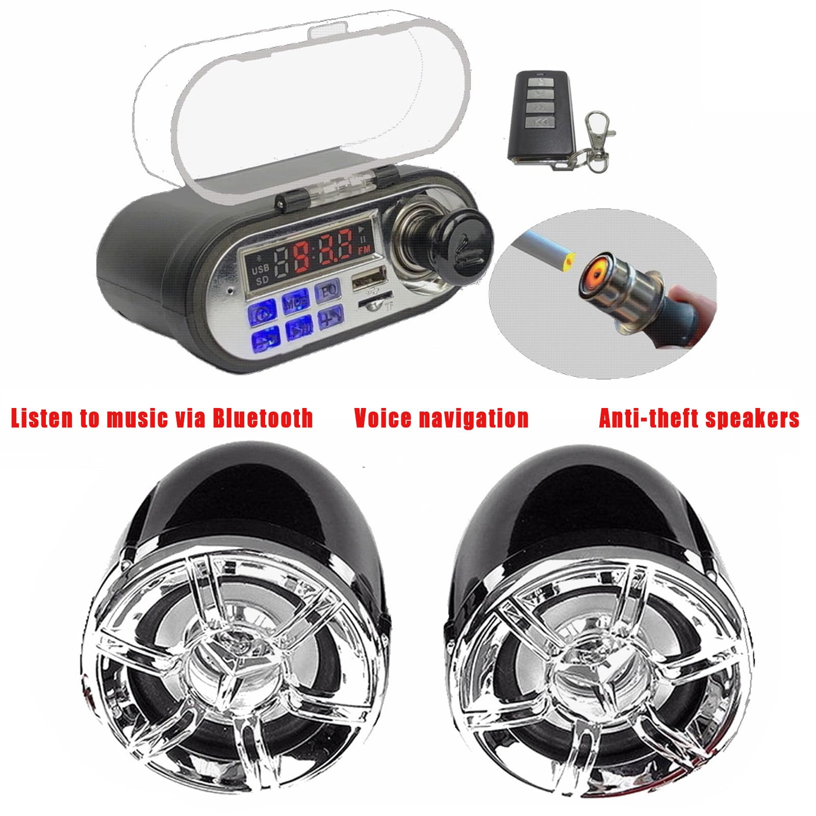 Kit Lettore Radio Bluetooth per Moto Altoparlante Stereo Audio Impermeabile Ricarica per Telefono Cellulare Allarme Antifurto Telecomando