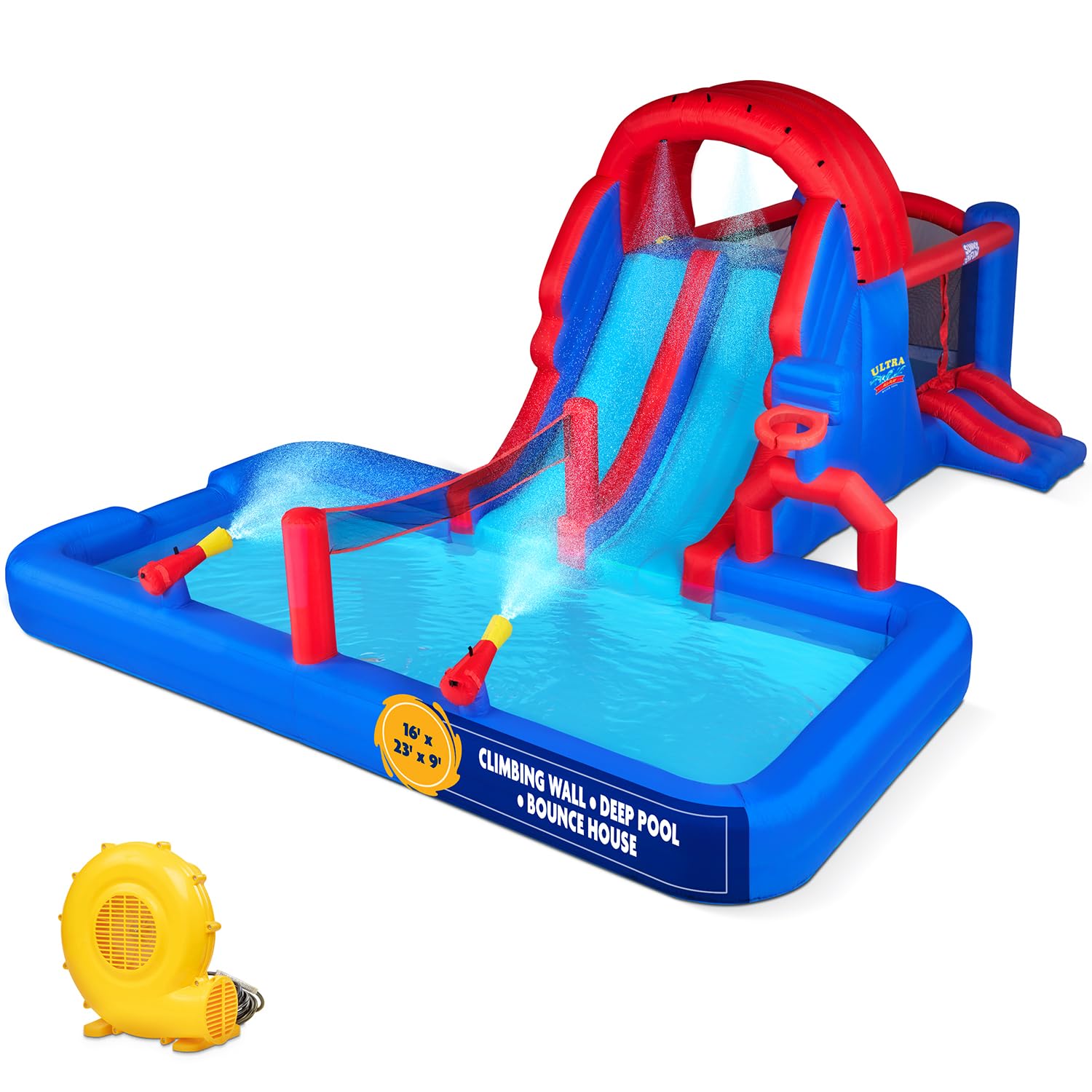 Sunny & Fun Ultra All-Play Inflatable Water Slide Park – Heavy-Duty for Outdoor Fun - Climbing Wall, Slides, Bounce House, Volley Net, Hoop, Deep Pool – Inflate w/Included Air Pump & Carrying Case