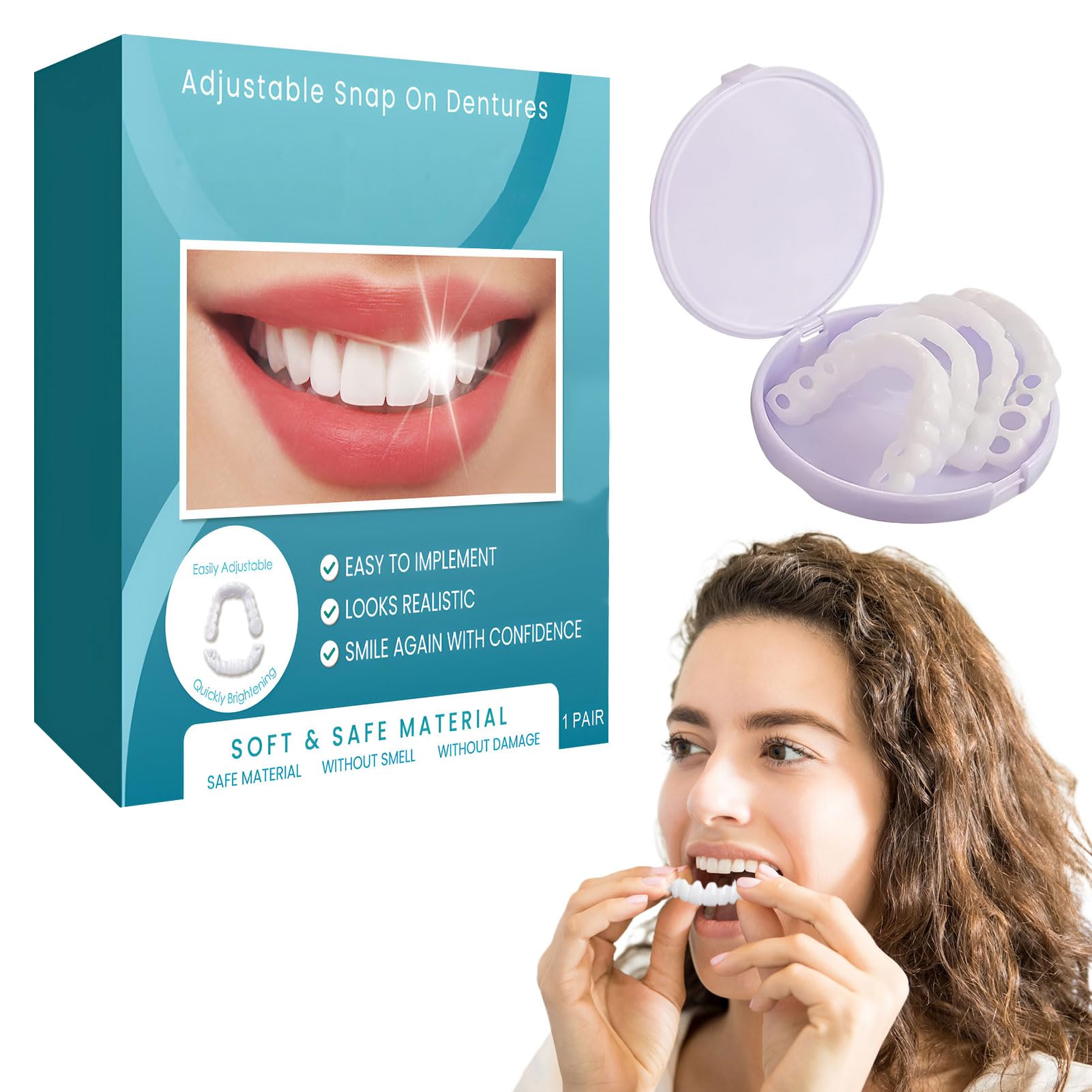 1 Pair Instant Snap-On Dentures - Clip-In Top & Bottom, Adjustable Fake Teeth Veneers for Women