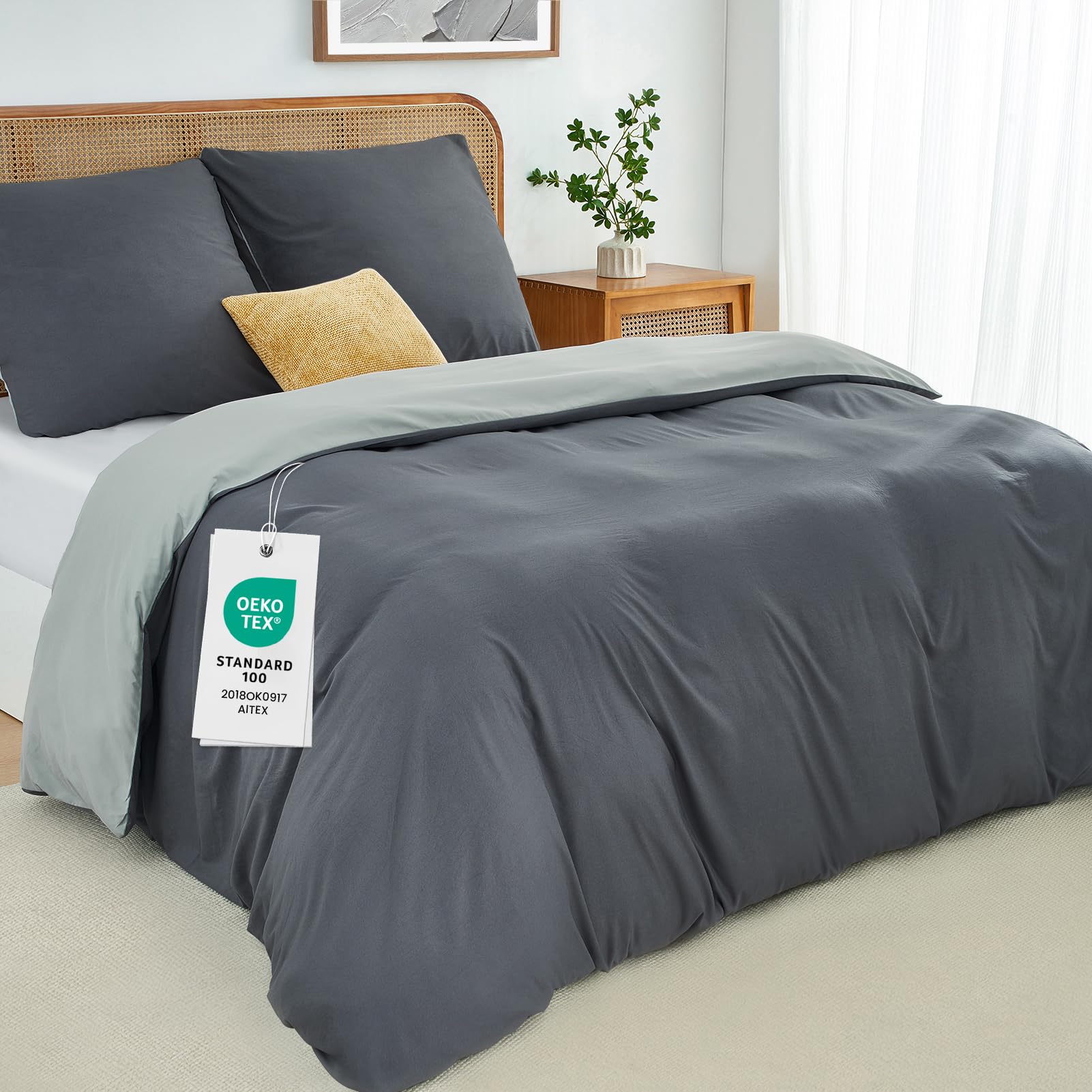 Duvetnova Single Duvet Cover Set Reversible Soft Brushed Microfiber Bedding Set Dark Grey/Light Grey with Zipper Closure OEKO-TEX Wrinkle-Free 135x200cm with 1 Pillow Cases