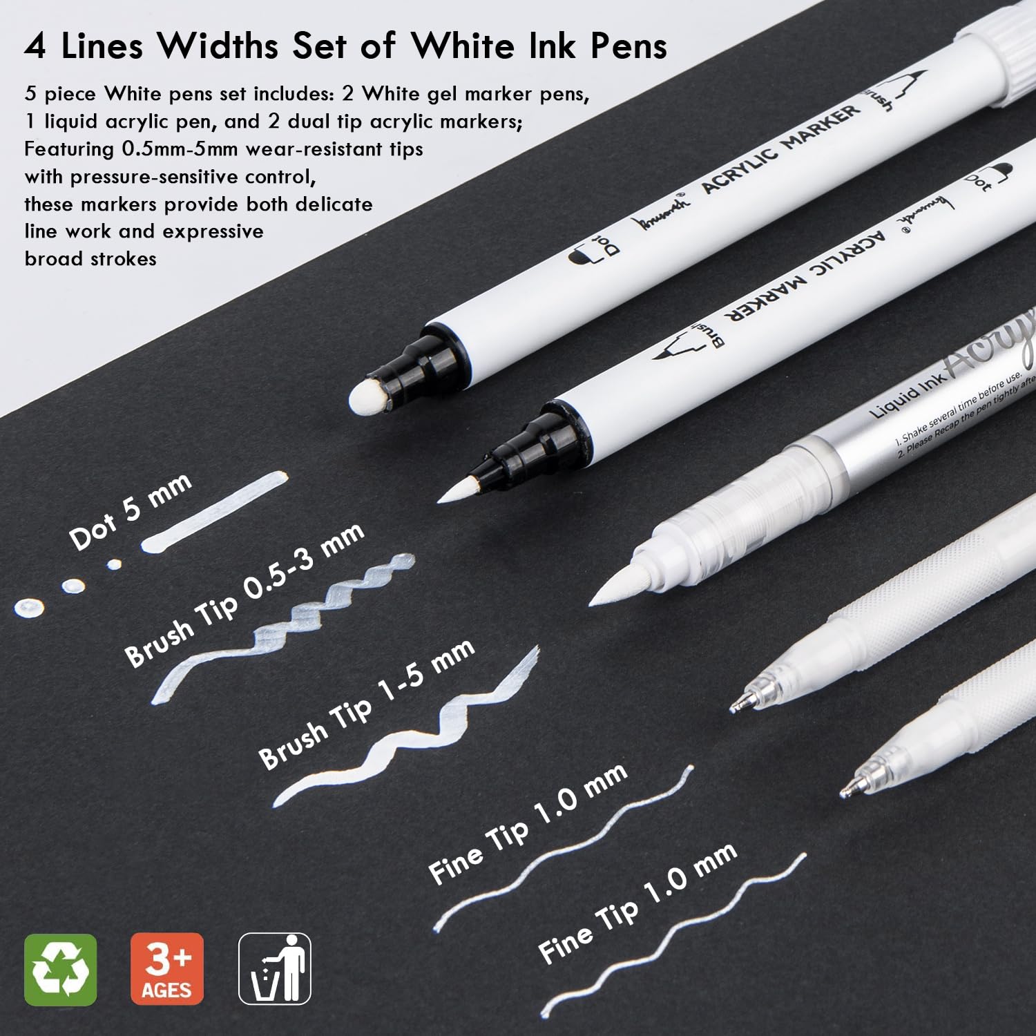 White Gel Pens Set - 5 Acrylic Paint Pens -2