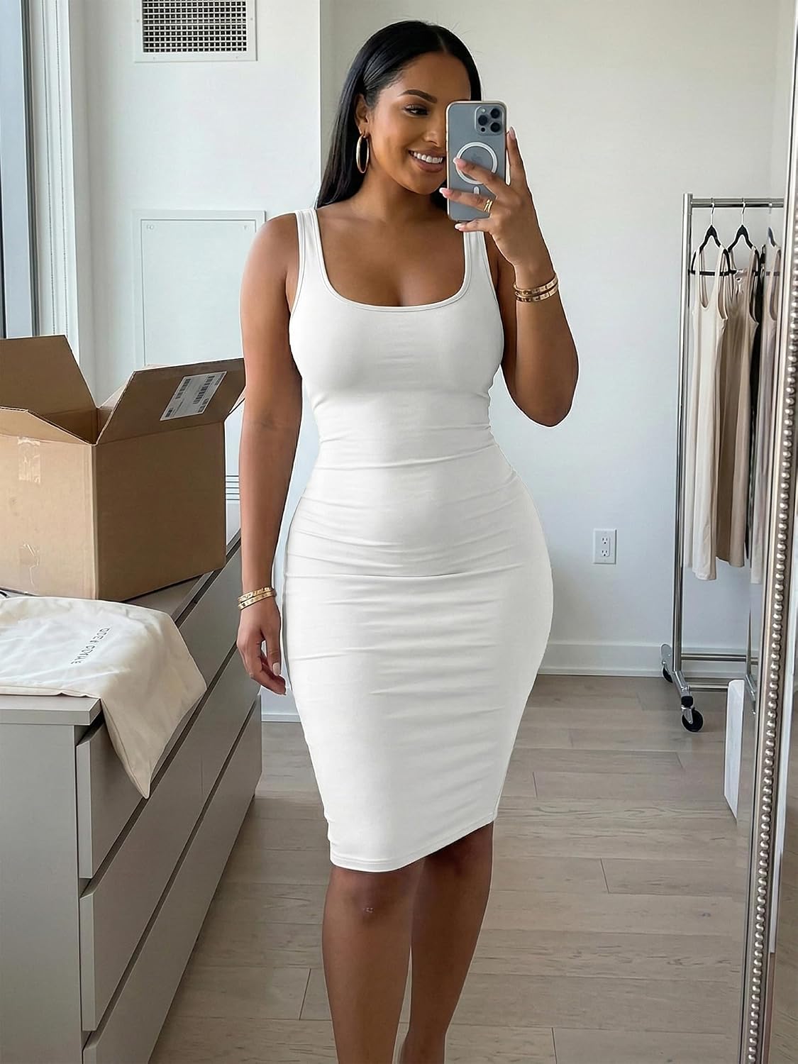 Women's Bodycon Midi Tank Dress Scoop Neck