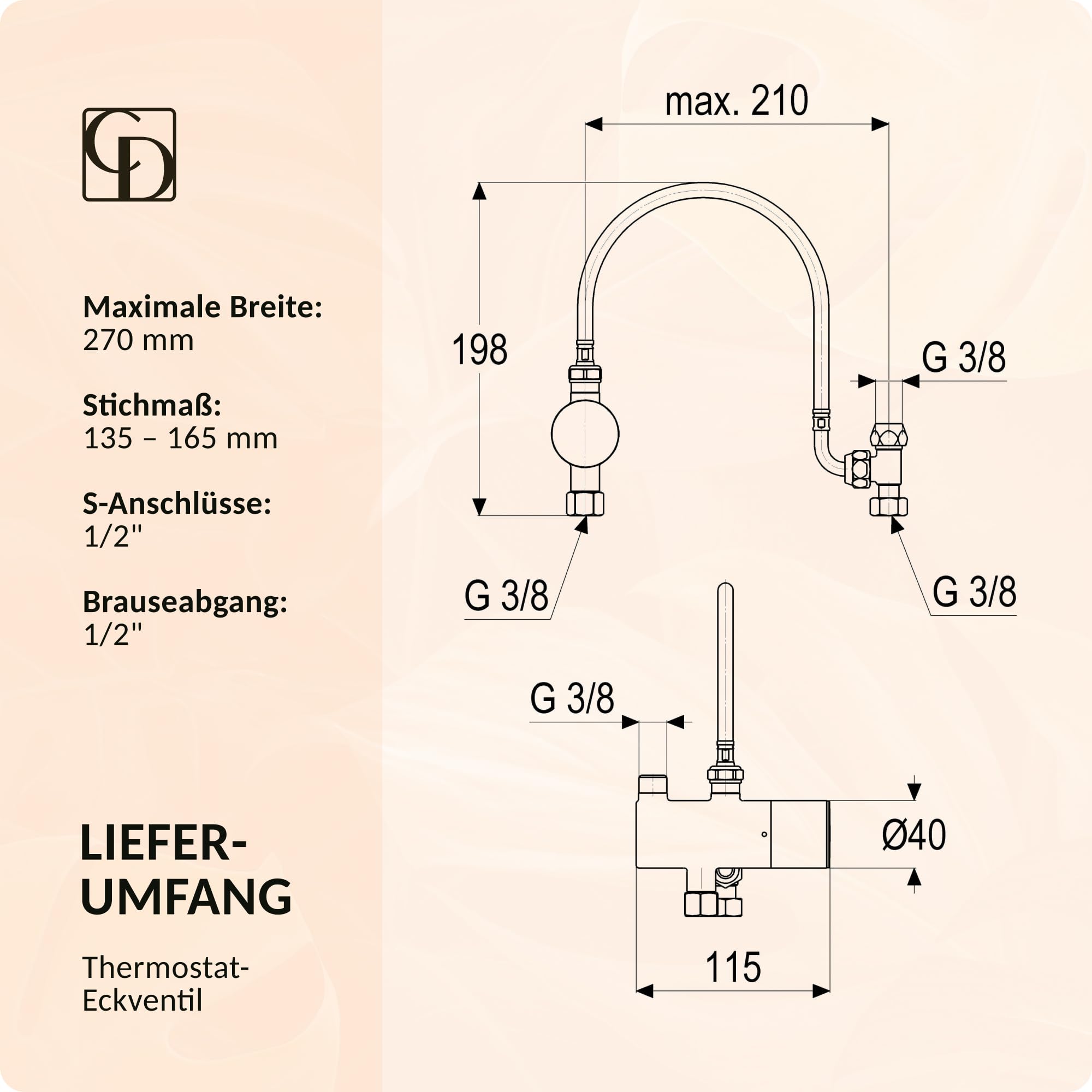 Eckventil-Thermostat Set 1/2 Zoll Chrom I Eckventil mit Thermostat und präziser Temperaturregelung I Wasseranschluss Ventil für Dusche und Waschbecken I Thermostatventil für Badinstallation