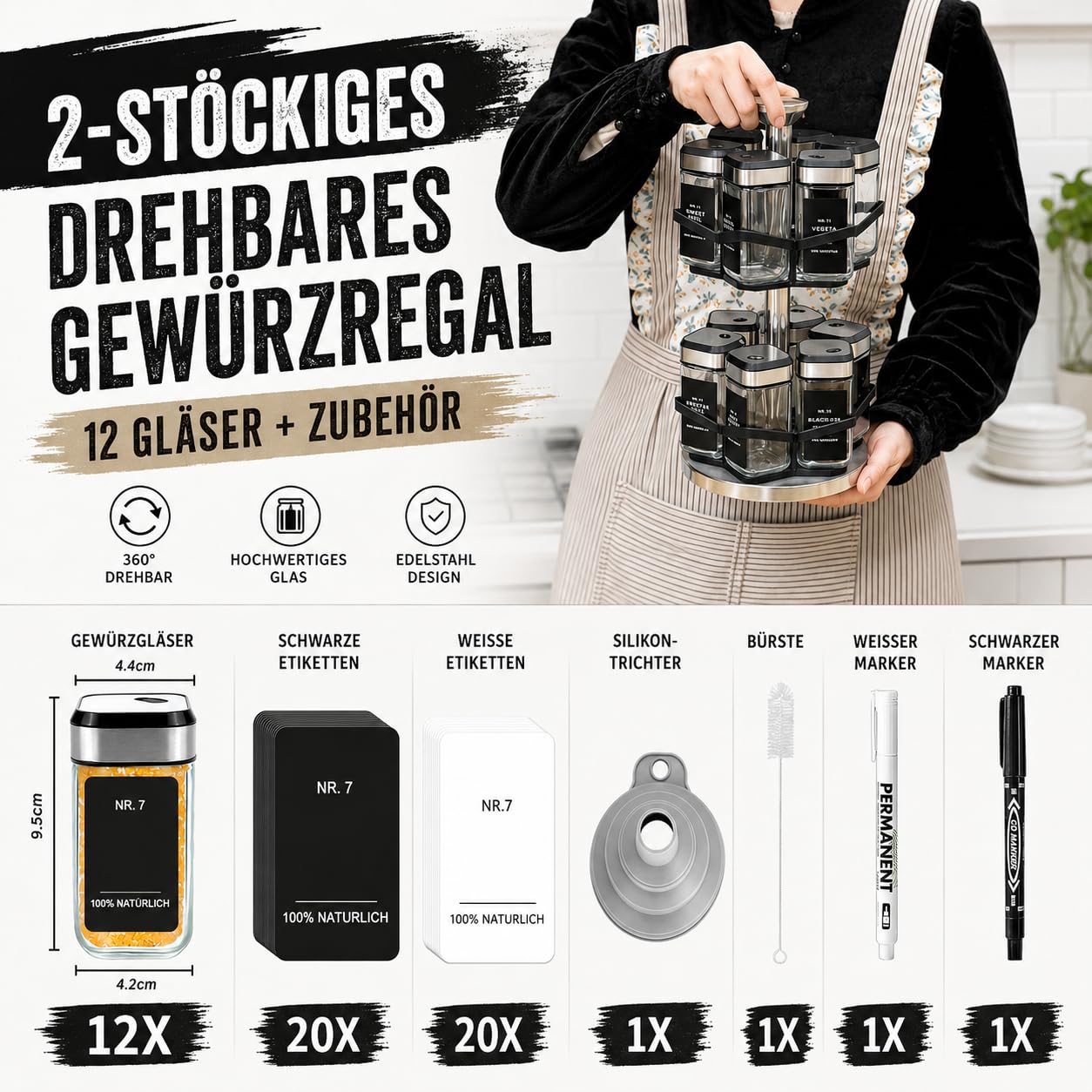 Scaffale per Spezie Rotante 360° a Doppio Piano, Acciaio Inox, 12 Barattoli 120ml, 3 Uscite di Dosaggio, Montaggio Non Necessario, Dispenser Spezie Girevole per Cucina