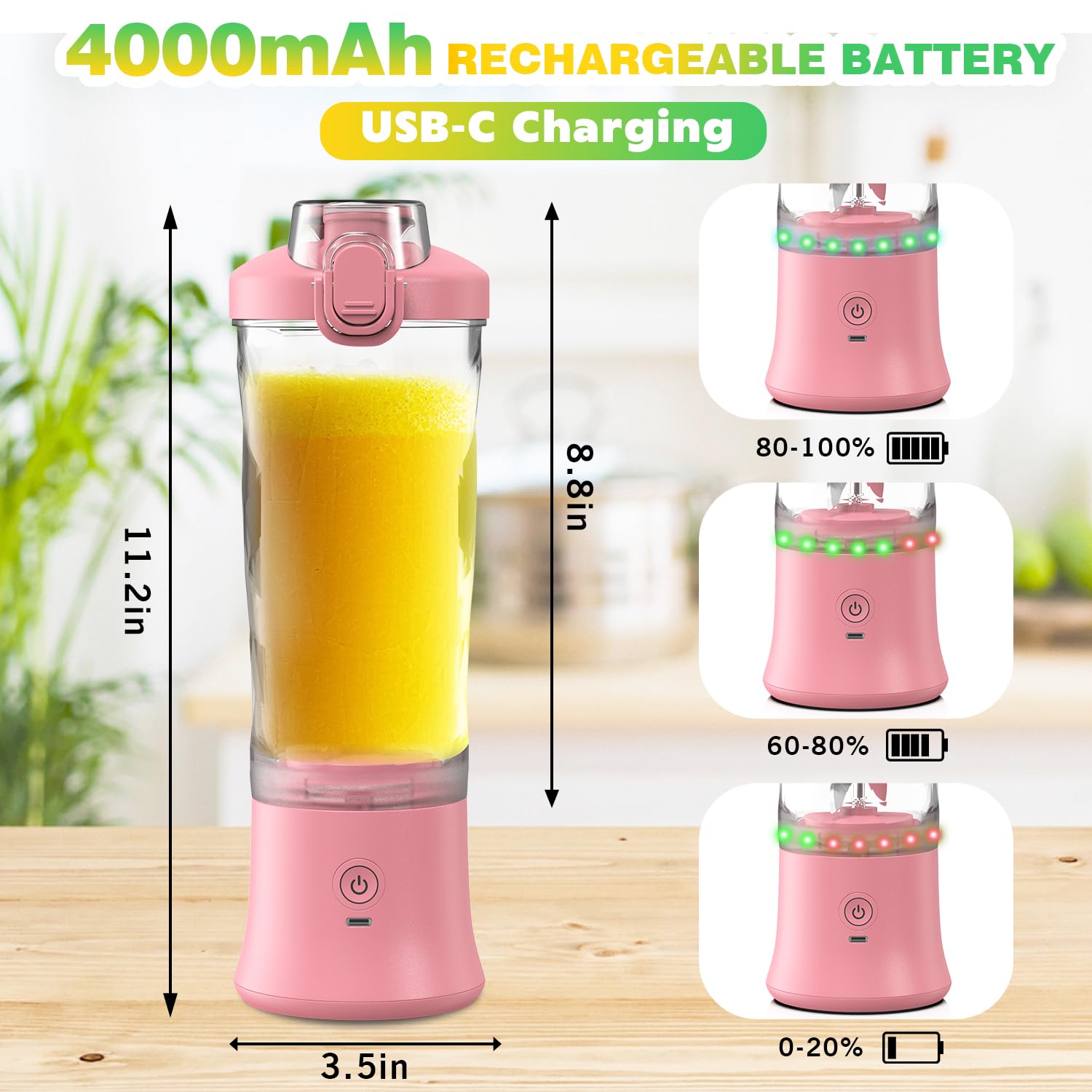 Licuadora portátil personal con funda aislada para batidos y batidos – Mini taza de licuadora de 20 onzas con 6 cuchillas, tapa de viaje, recargable por USB, licuadora pequeña para cocina, viajes,