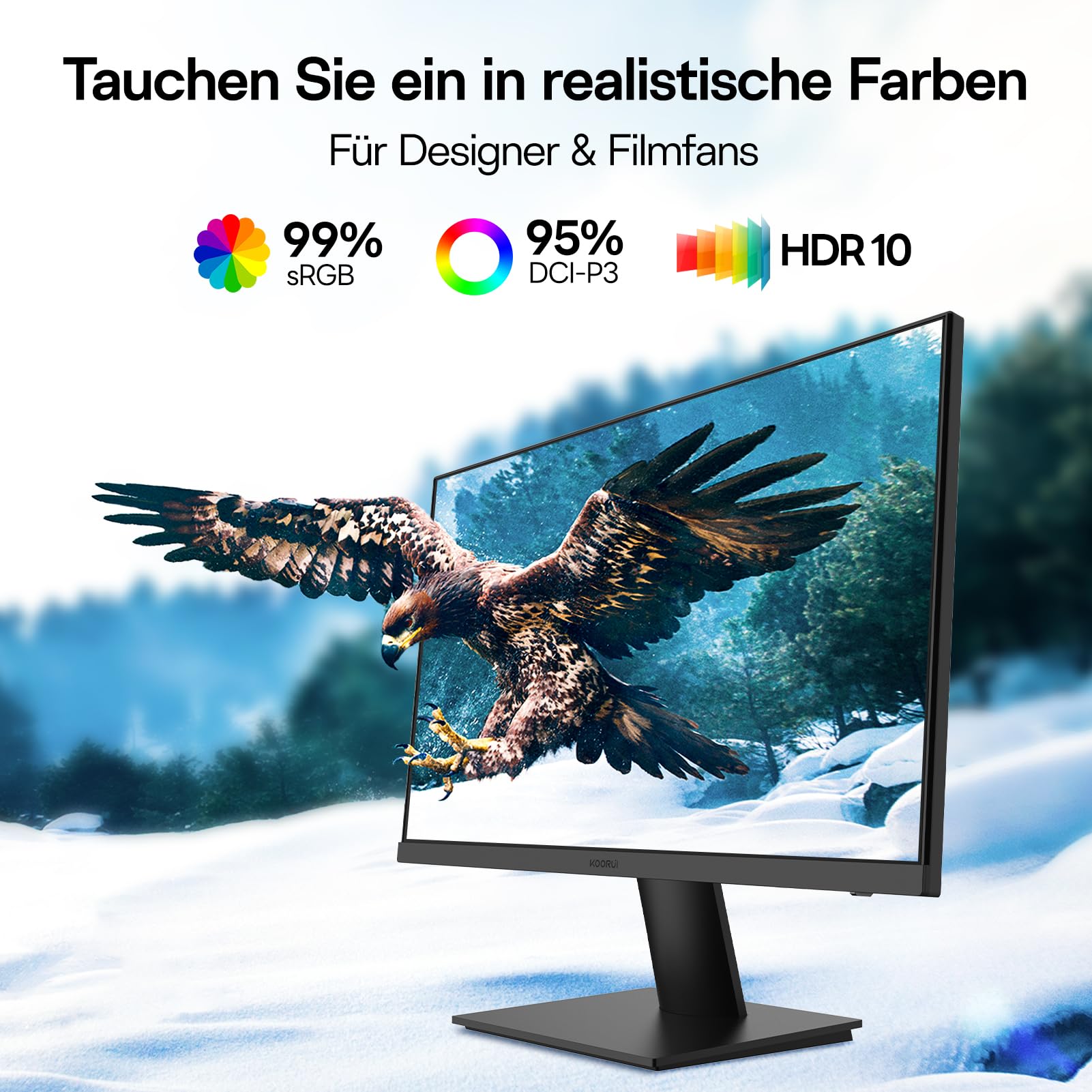 KOORUI 32 Zoll 4K Monitor, UHD 3840 x 2160, 60Hz, VA Panel, Lautsprecher | Adaptive Sync, HDR10, 95% DCI-P3, Low Blue Light Eye Care, HDMI 2.0/DP 1.4, VESA 100x100 mm, Homeoffice Büro Gaming Monitor