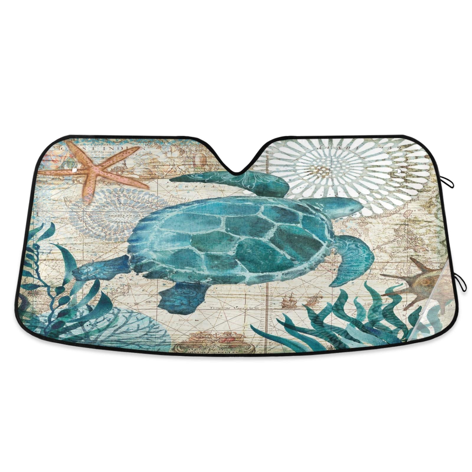 Sea Turtle Starfish Car Windshield Sun Shade Ocean Tortoise Sunshade Car Shield Shade Visor Cover Reflective Block UV Rays Protector Keep Your Vehicle Cool Foldable for Car Truck SUV M