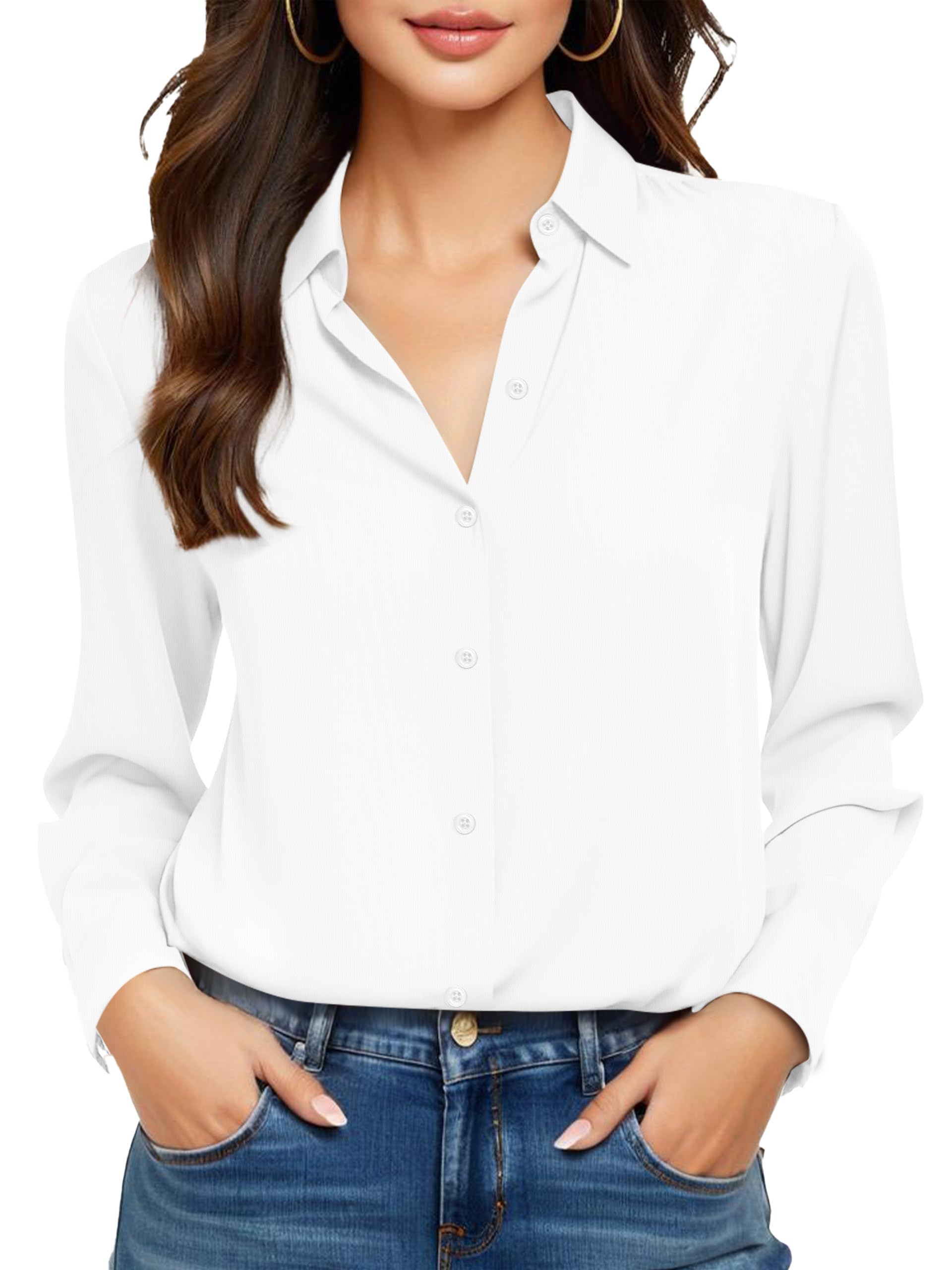 COUXILY Soft Non-Iron & Wrinkle-Free Womens Button Down Shirts with Mulberry Silk Long Sleeve Blouse Casual Work Tops, S02 Solid White, L