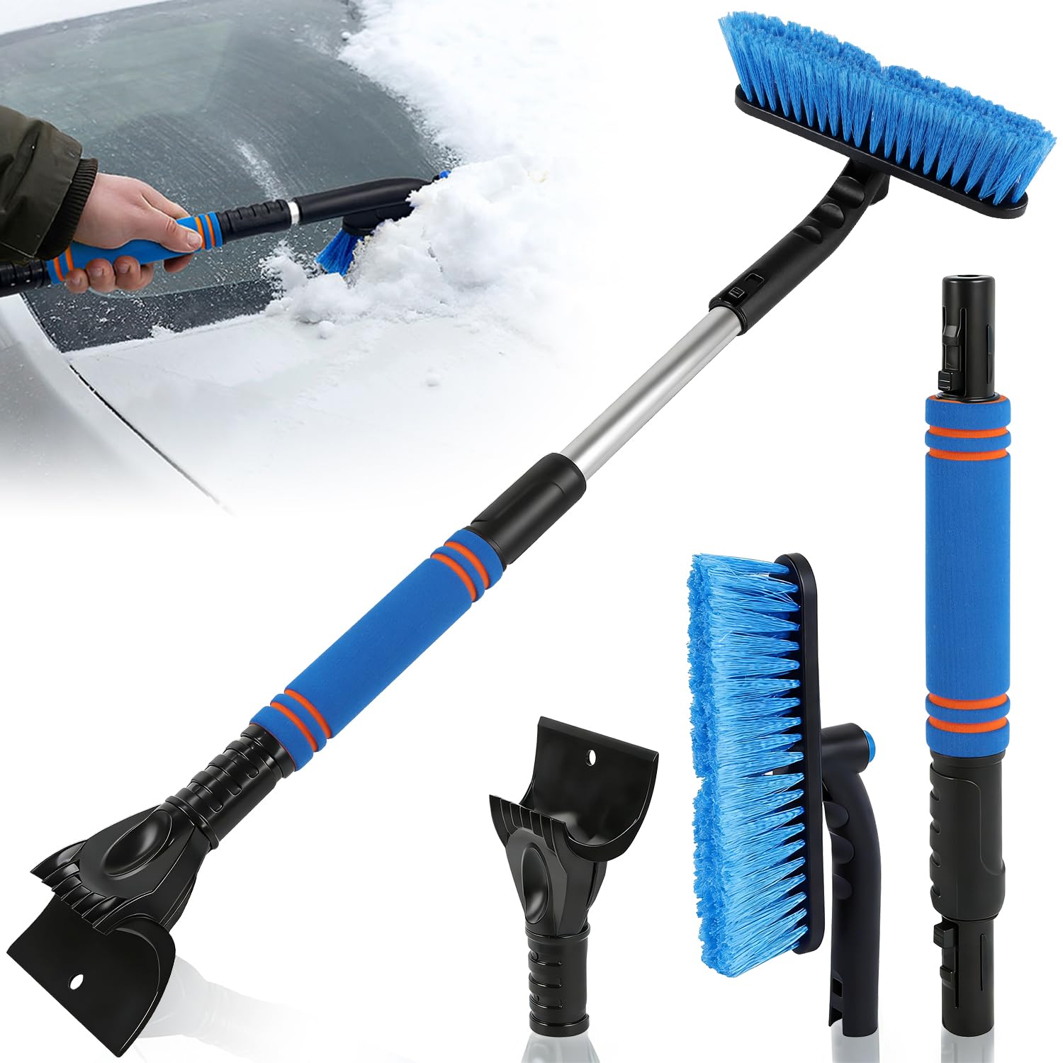 Skrobaczka do lodu z miotełką do śniegu, rozsuwany skrobak do śniegu, auto 73 cm, niebieski, zdejmowana skrobaczka do lodu z ergonomicznym uchwytem z pianki, szczotka do czyszczenia samochodów