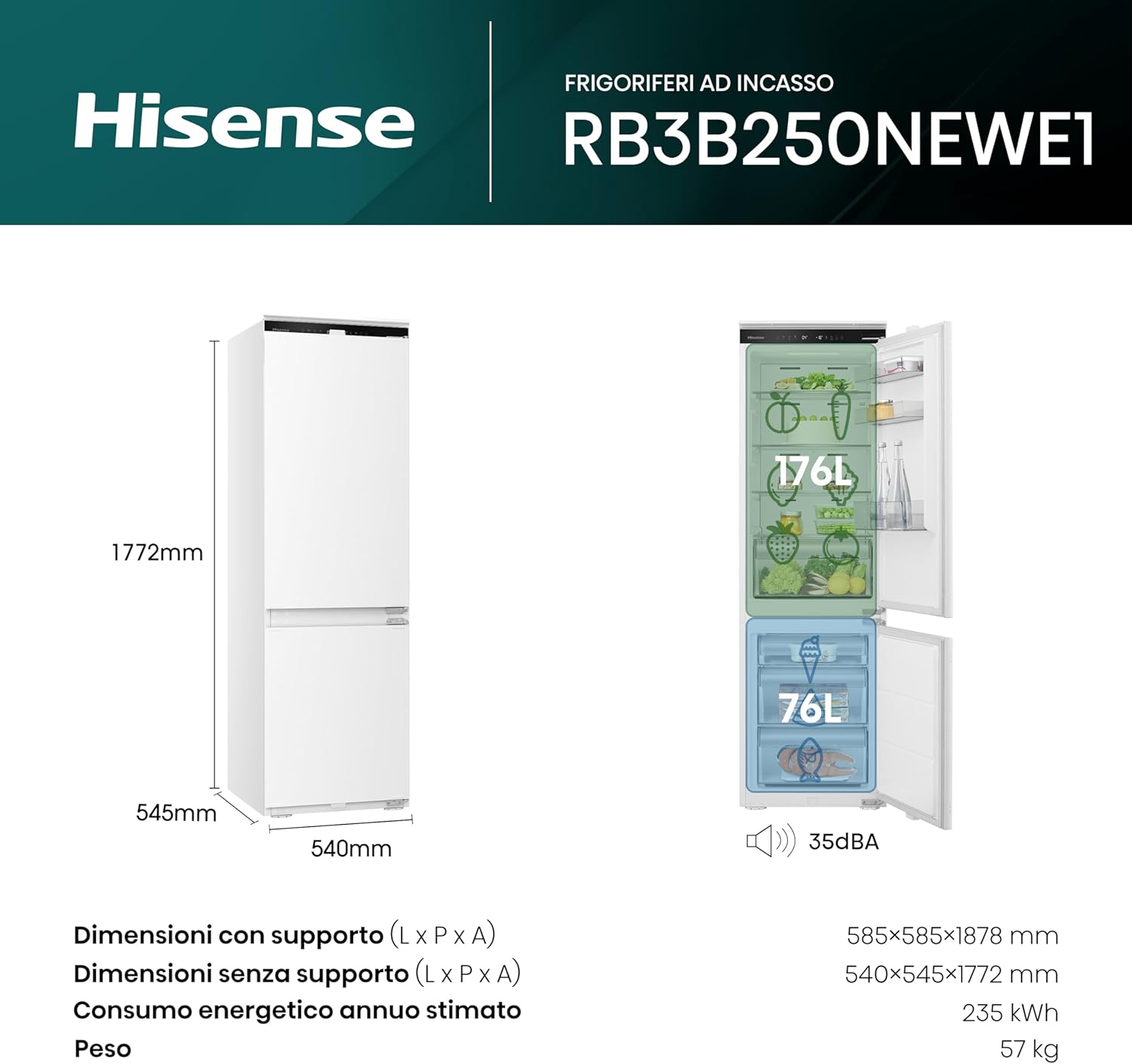Hisense RB3B250NEWE1 Refrigerator dimensions and capacity overview