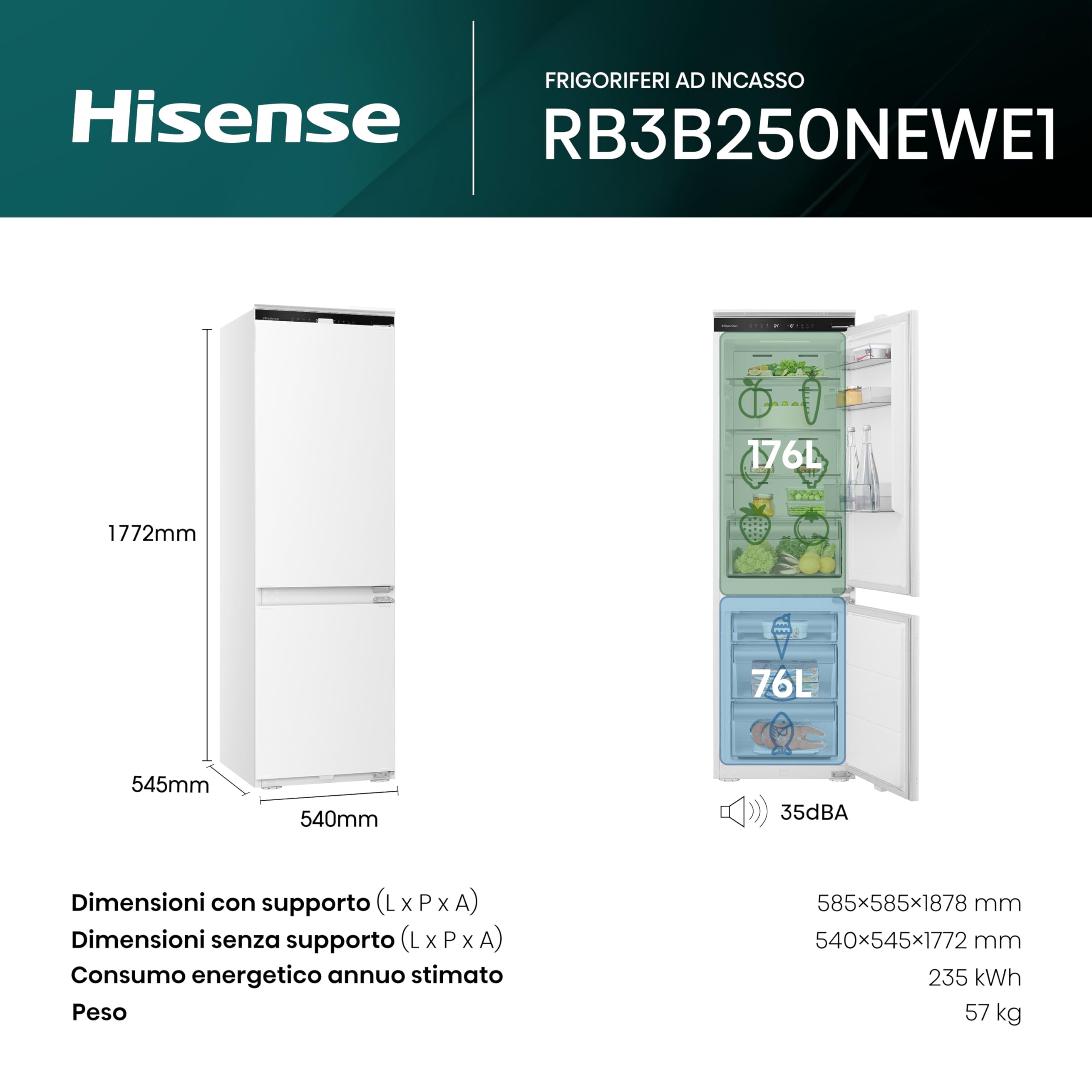 Hisense RB3B250NEWE1, Frigorifero Combinato da incasso da 252 litri, Display LED, Total No Frost 178 cm, Bassa Rumorosità 35 dB, Funzione Convert, Luce Superiore e Laterale, Bianco