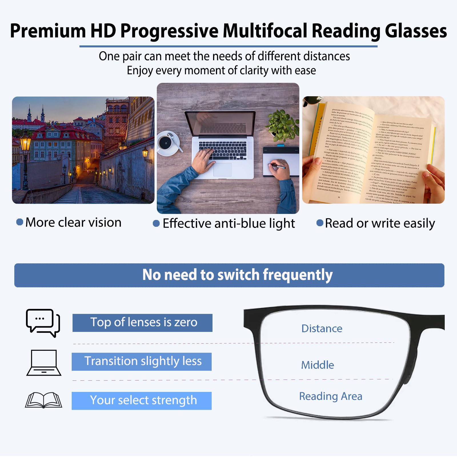 Gafas de lectura progresivas multifocales de metal para hombres, lectores progresivos, transición, bloqueo de luz azul, UV400