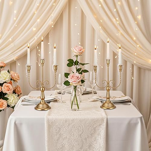 Miniatura 6 de 2 candelabros dorados, 3 brazos de 11.8 pulgadas, portavelas de metal para candelabros temáticos de fiesta, mesa, centro de mesa, decoración,