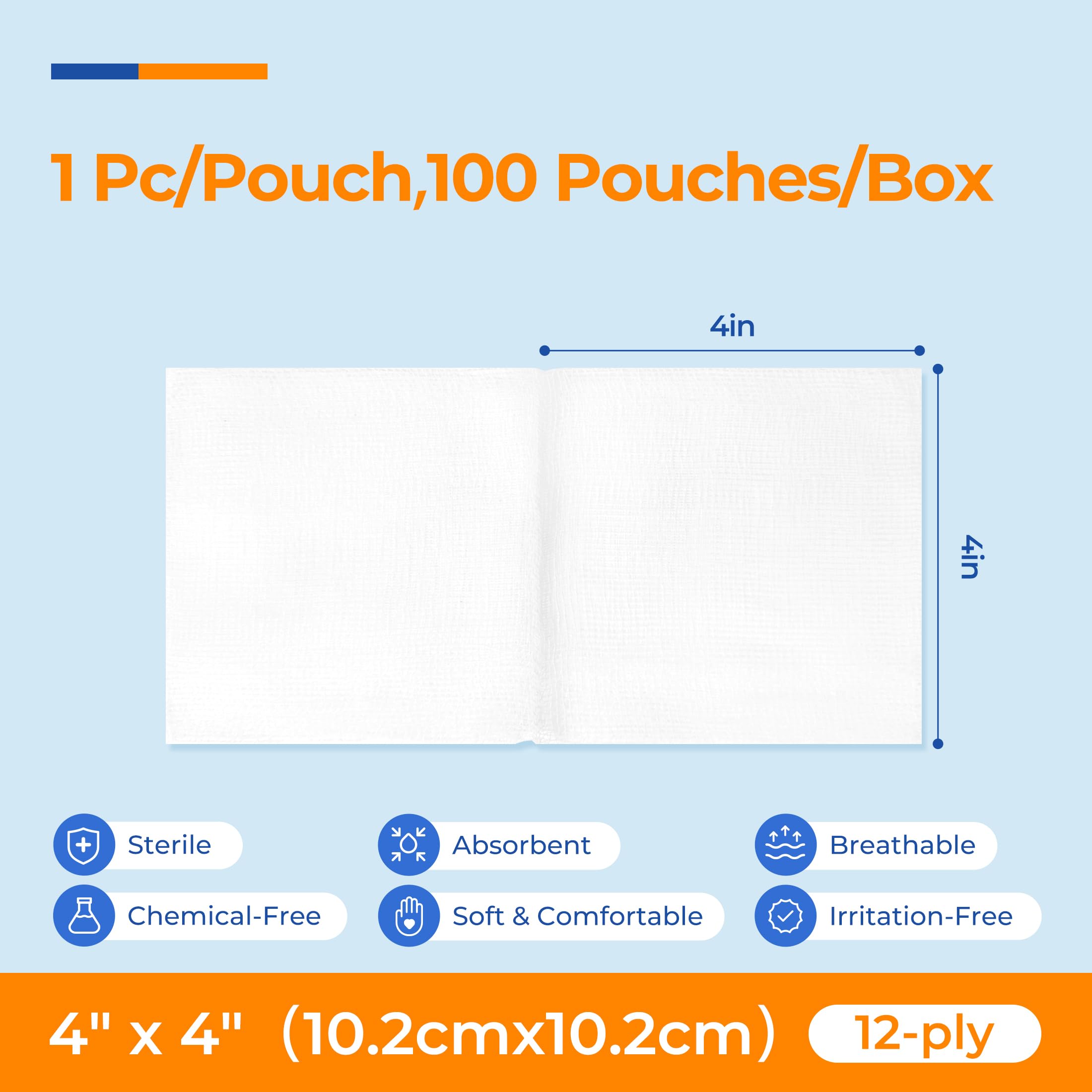 100 Pack Sterile Gauze Pads 4x4 Inch 12-Ply, 100% Cotton Large Gauze Sponges for Wound Care, Highly Absorbent Bulk Hospital-Grade First Aid & Surgical Dressing — Amazon image 2