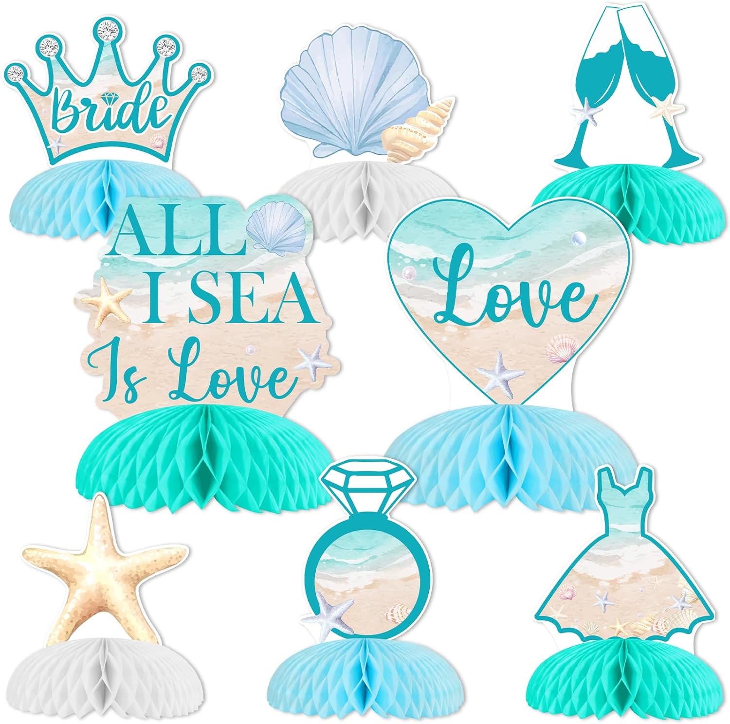 Kreatwow 8Pcs Beach Shell Bridal Shower Honeycomb Centerpiece Beach Seashell Table Decoration Shell Bachelorette All I Sea Is Love Bridal Shower Coastal Ocean Wave Summer Seashell Starfish Table Decor