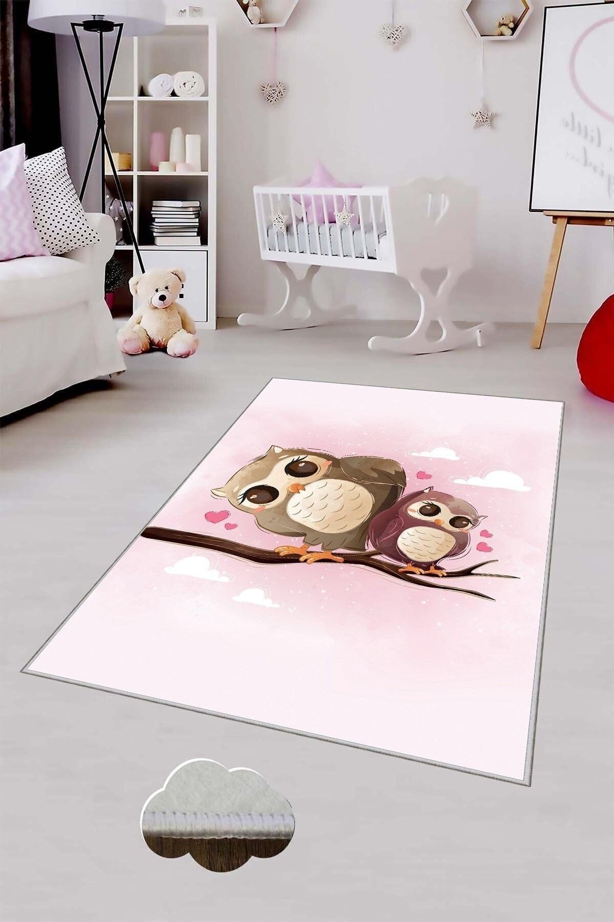 Pelangi Pembe Kuş Desenli Yıkanabilir Kaymaz Taban Leke Tutmazbebek Ve Çocuk Odası Halısı, Pembe-Kahve 80 x 600