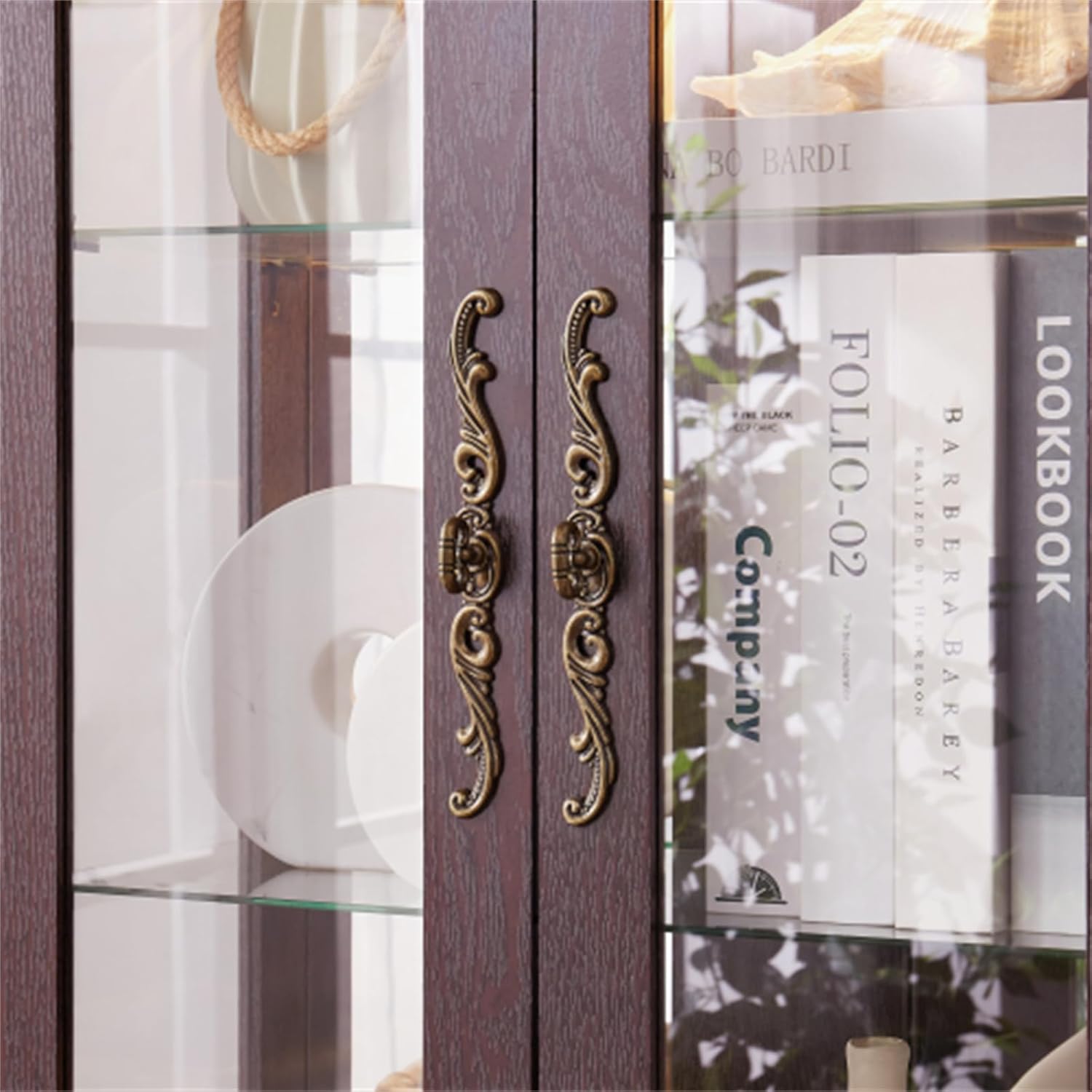 Curio Cabinet, Illuminated Glass Cabinet, Glass Wine Cabinet, Pantry, Adjustable Glass Shelves, 4 Doors, Light Bulb Included, Dark Cherry Color