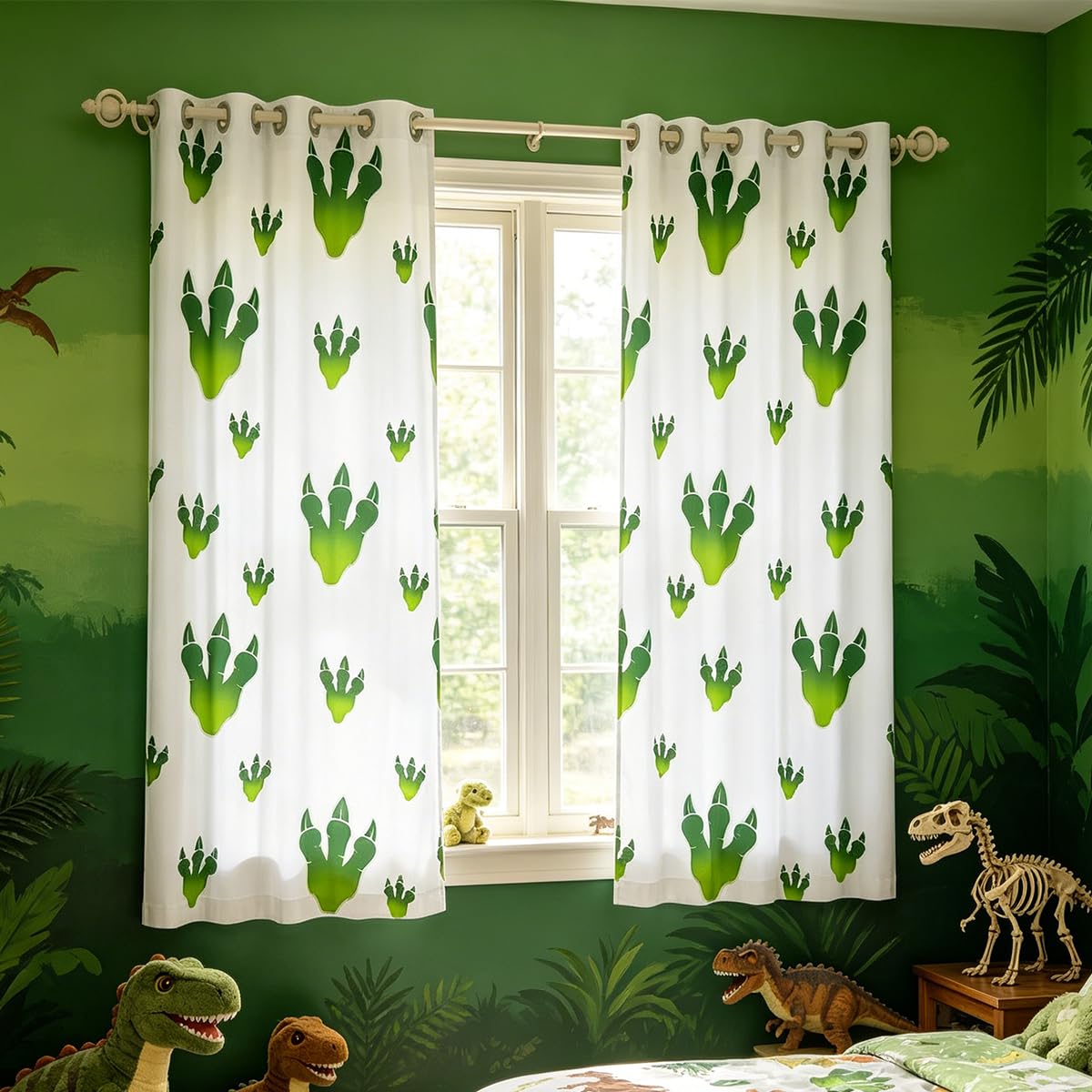 Homemissing Cartoon Dinosaur Curtains (2 Panels,W52*L63) For Kids Boys Teens Bedroom Living Room Cute Dino Curtains Paw Prints Bedding Room Decor Green White Window Treatments โ image 1