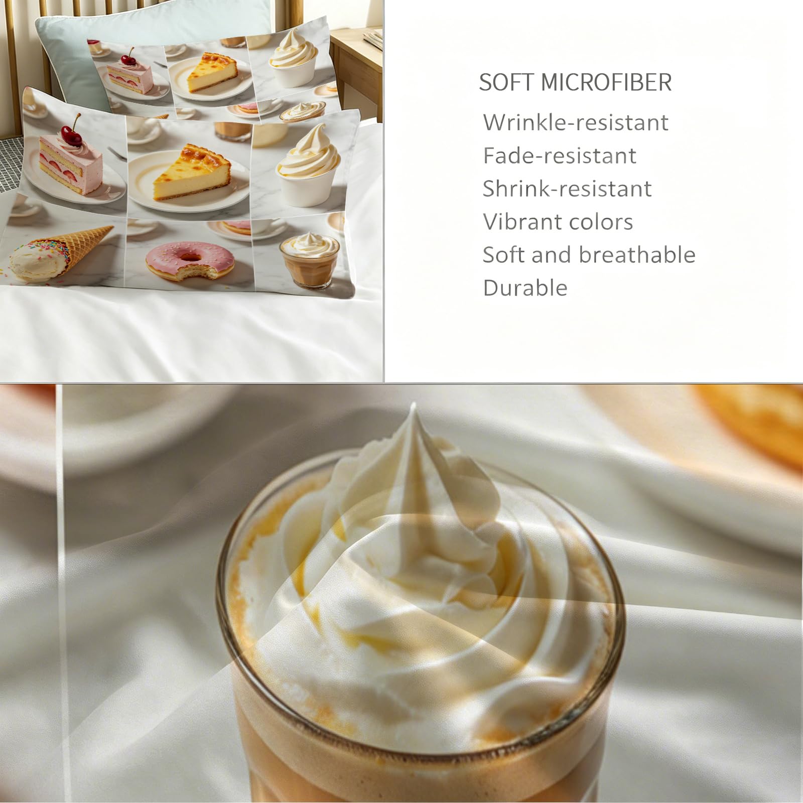 Set Copripiumino Matrimoniale 260x240 Torte e Bevande Stampa 3D Copri Piumino Cibo Delizioso Piumino in Morbido Microfibra Copripiumini con Chiusura Lampo e 2 Federa 50x80 2062-M