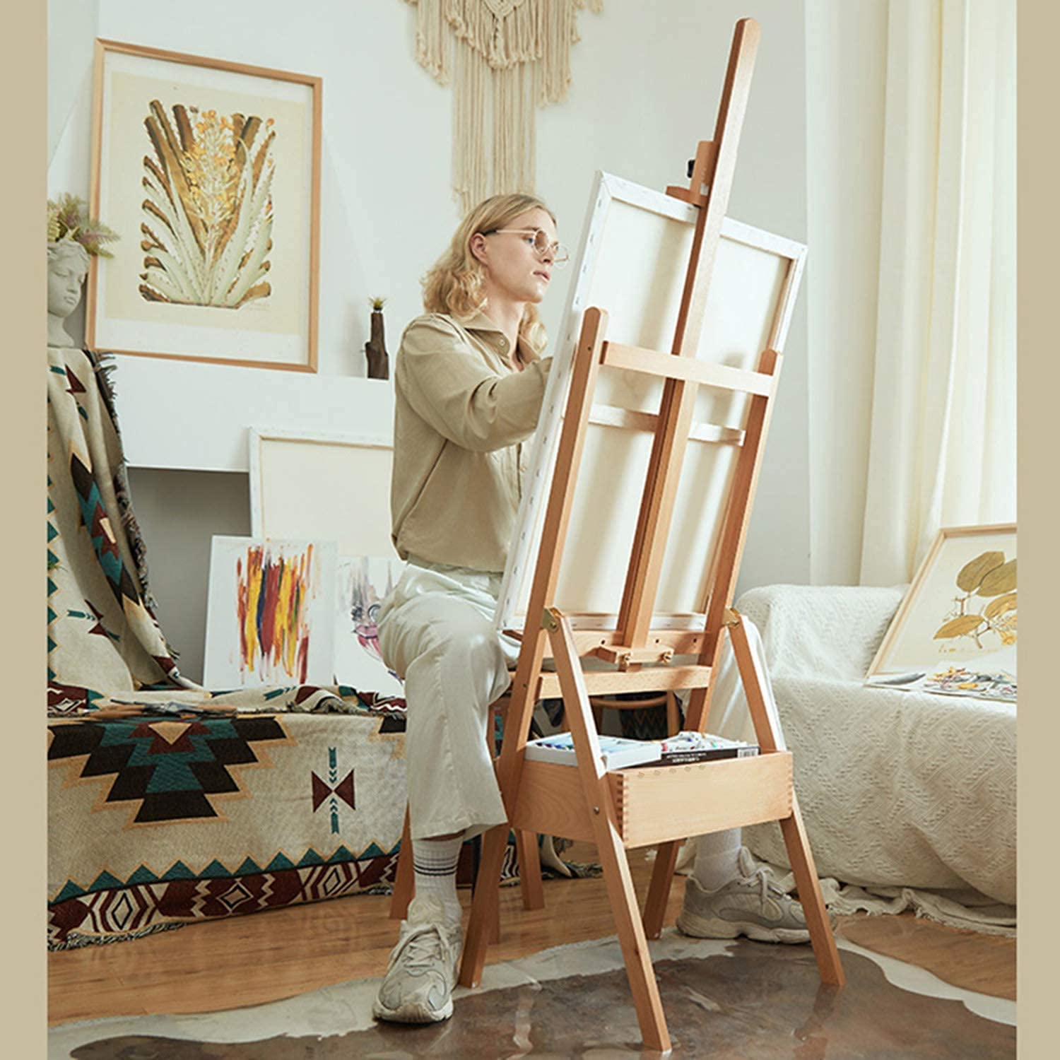 Studio H-Frame-Staffelei mit Kunstversorgungspeicherschublade - einstellbar (60"~ 75") Massive Buchenholz-Staffelständer for Künstler, Studenten und Erwachsene, hält Leinwandkunst bis 35"