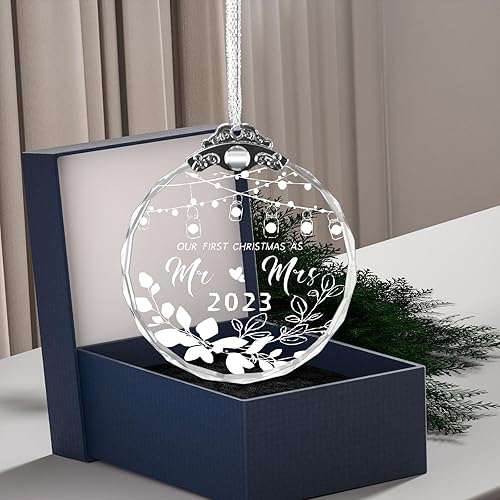 Adornos de cristal para bodas de 2023, adornos de cristal para la primera Navidad como Mr Mrs Adornos de compromiso para parejas, árbol de Navidad,