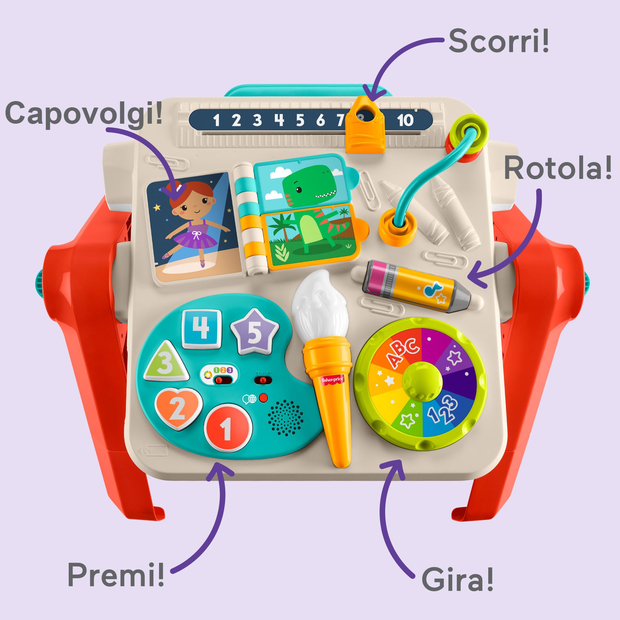 Fisher-Price - Tavolino attività 4 in 1, Pannello interattivo e cavalletto d'Arte, con luci, Suoni e canzoncine, Versione Italiano +FR+in+DE, Giocattolo per Bambini, 6+ Mesi, JGW87