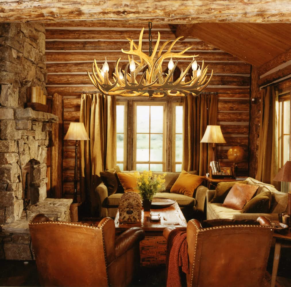 Żyrandol z poroża z żywicy, 9-punktowa lampa sufitowa z poroża, żyrandol w stylu retro rustykalnym do kawiarni, salonu, sklepu odzieżowego (9 lamp z poroża + 3 poroża)