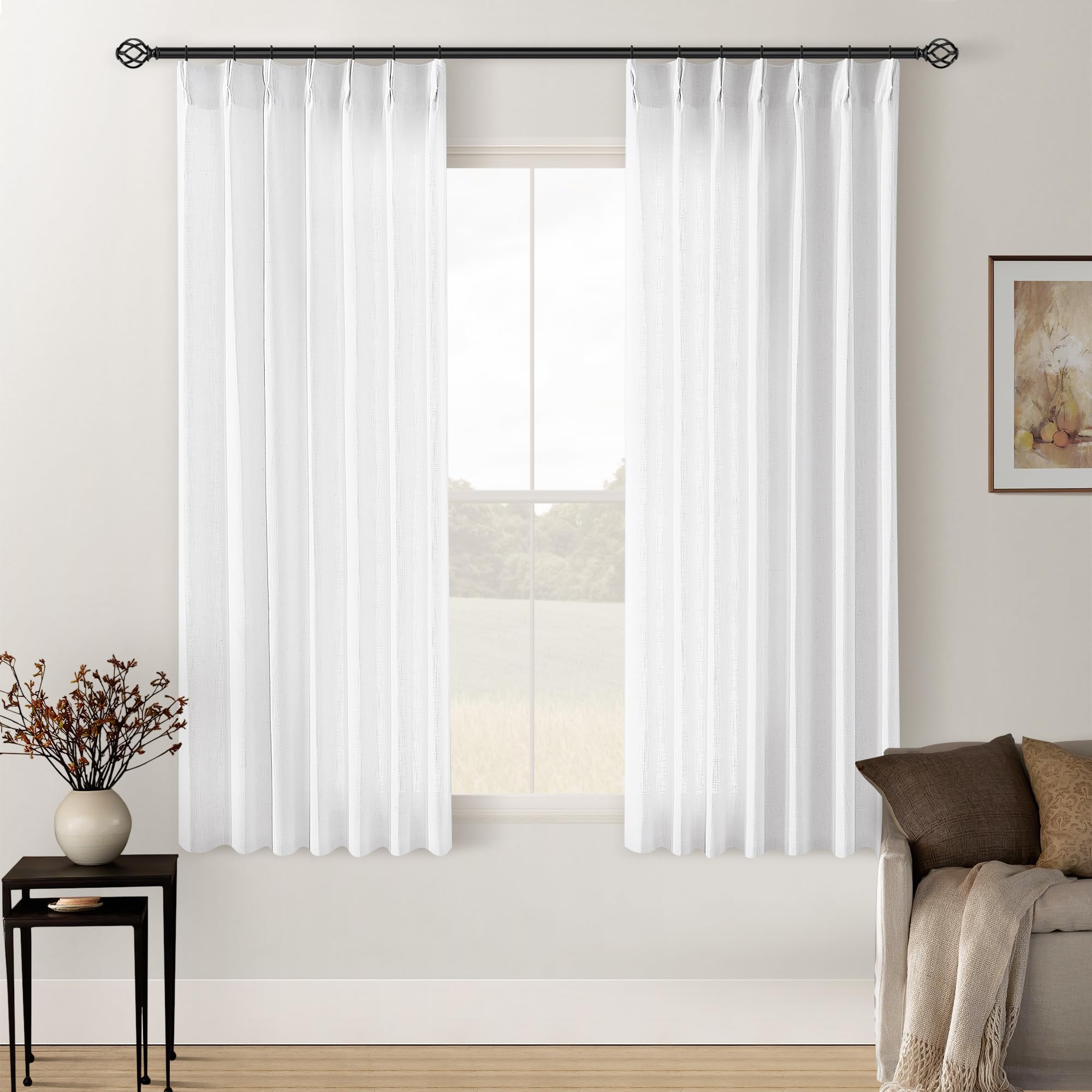 TWODRAPES Snow White Pinch Pleated Linen Curtains 63 Inch Length 2 Panels
