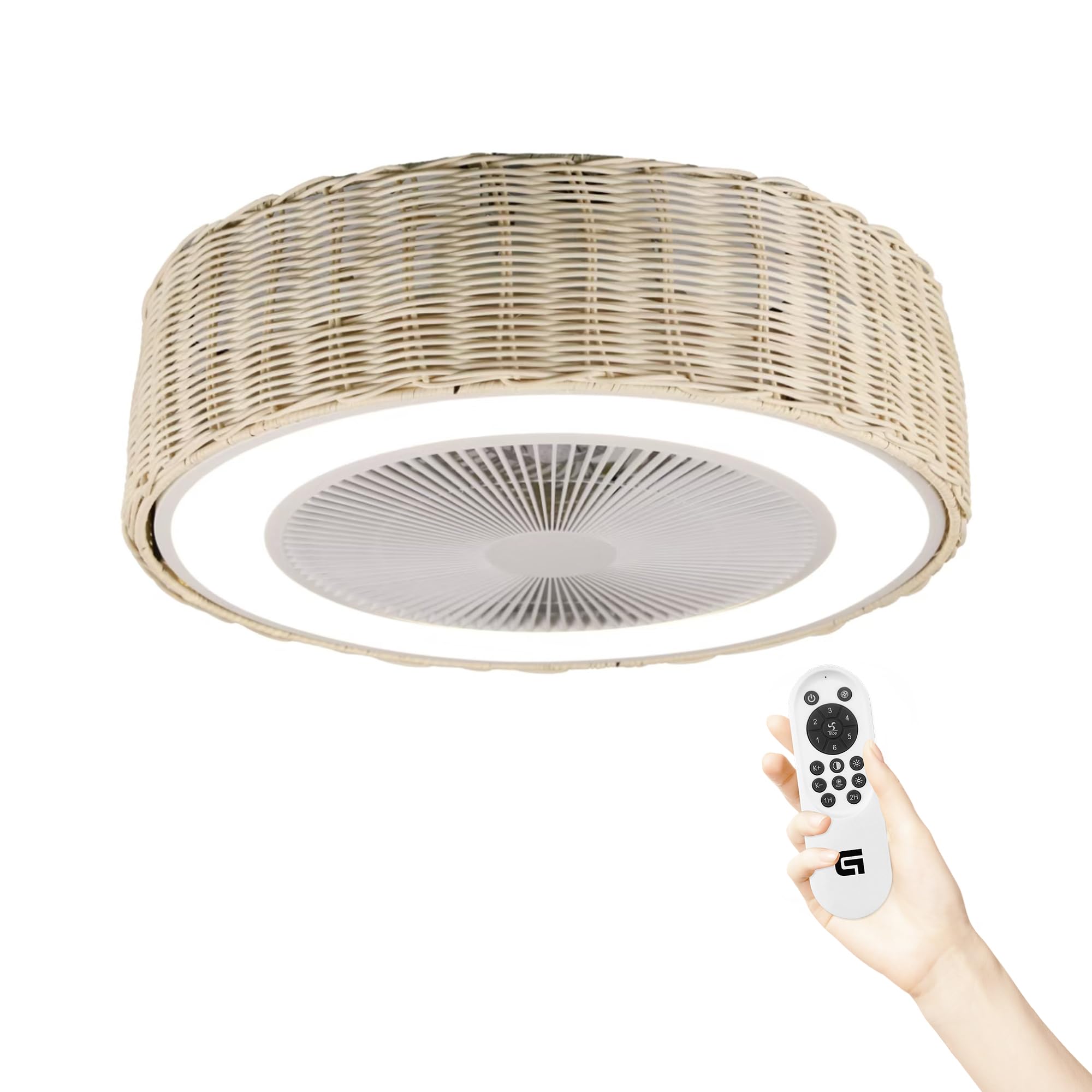 Grunkel Ventilador de Techo SKYWIND-20M con Luz LED, 50 cm, 6 Velocidades, Mando a Distancia, Diseño Ratán, Blanco