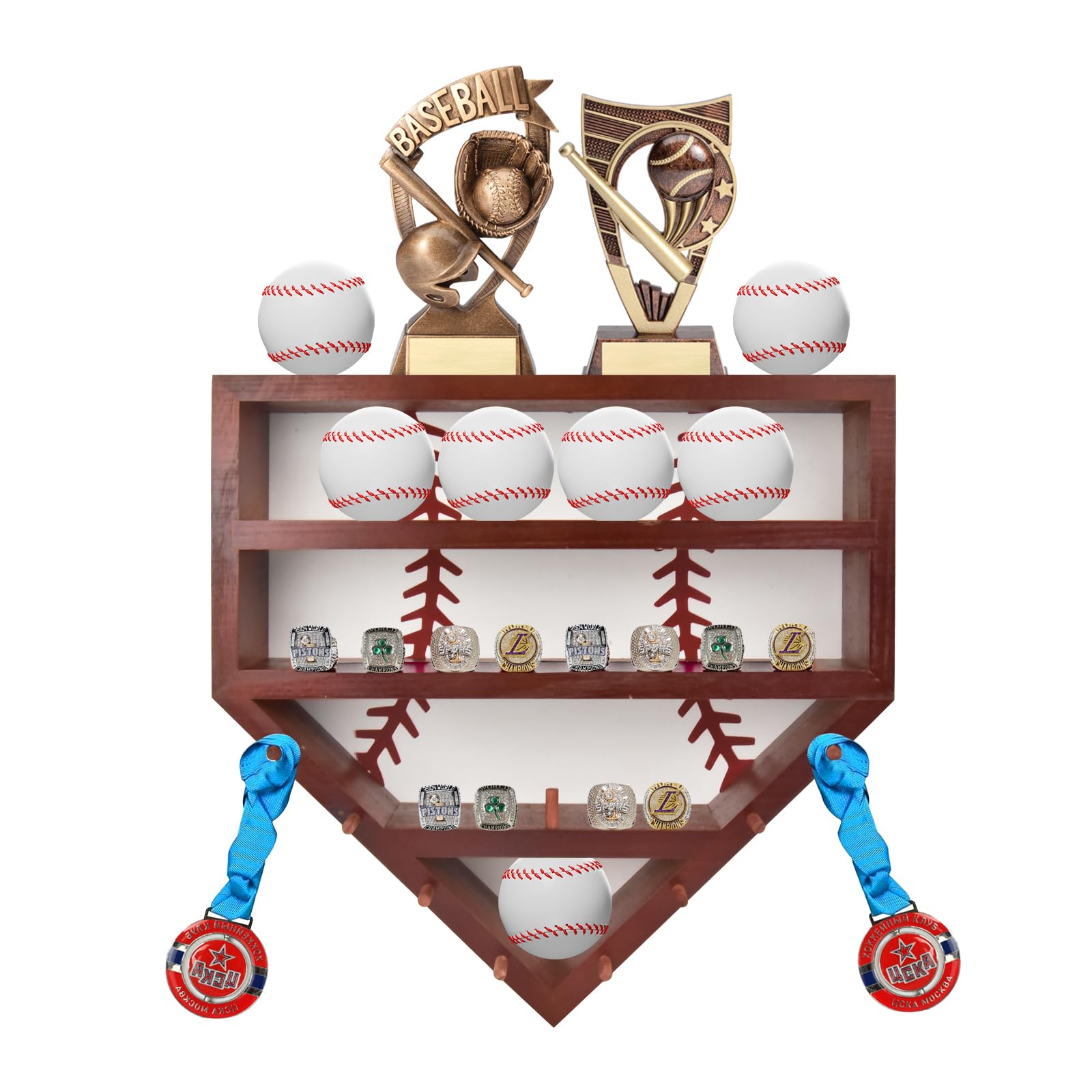Baseball Display Case, 17‘’ Wooden Baseball Ring Holder Wall Mounted, Baseball Holder Display Case for Balls, Medals, Trophies, Rings