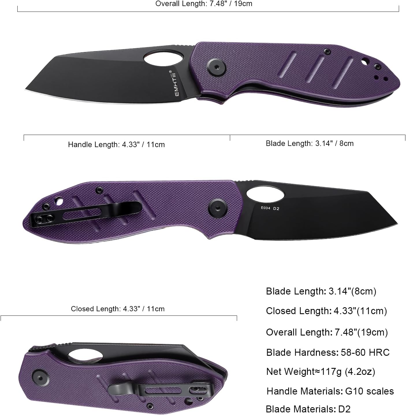 Reverse Tanto Pocket Folding Knife: D2 Steel Black Blade, G10 Handle with Liner Lock, Thumb Hole, Reversible Clip, EDC Tactical Camping Knives for Men & Women E034, Purple
