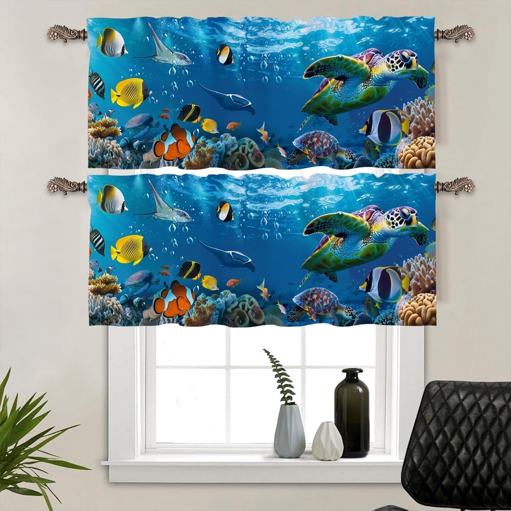 Ocean Life Sea Turtle Kitchen Valance Curtains for Windows, Blue Fish Animal Coral Window Treatment Rod Pocket Drapes Valances for Bathroom, 2 Panel 54" X 18"