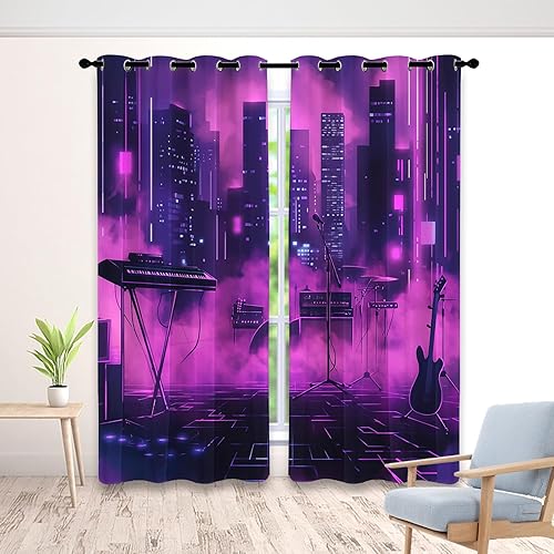 Miniatura 8 de Cortinas de neón Synthwave para dormitorio, cortinas de atardecer urbano de 63 pulgadas de largo para sala de estar, cortinas opacas retro de los