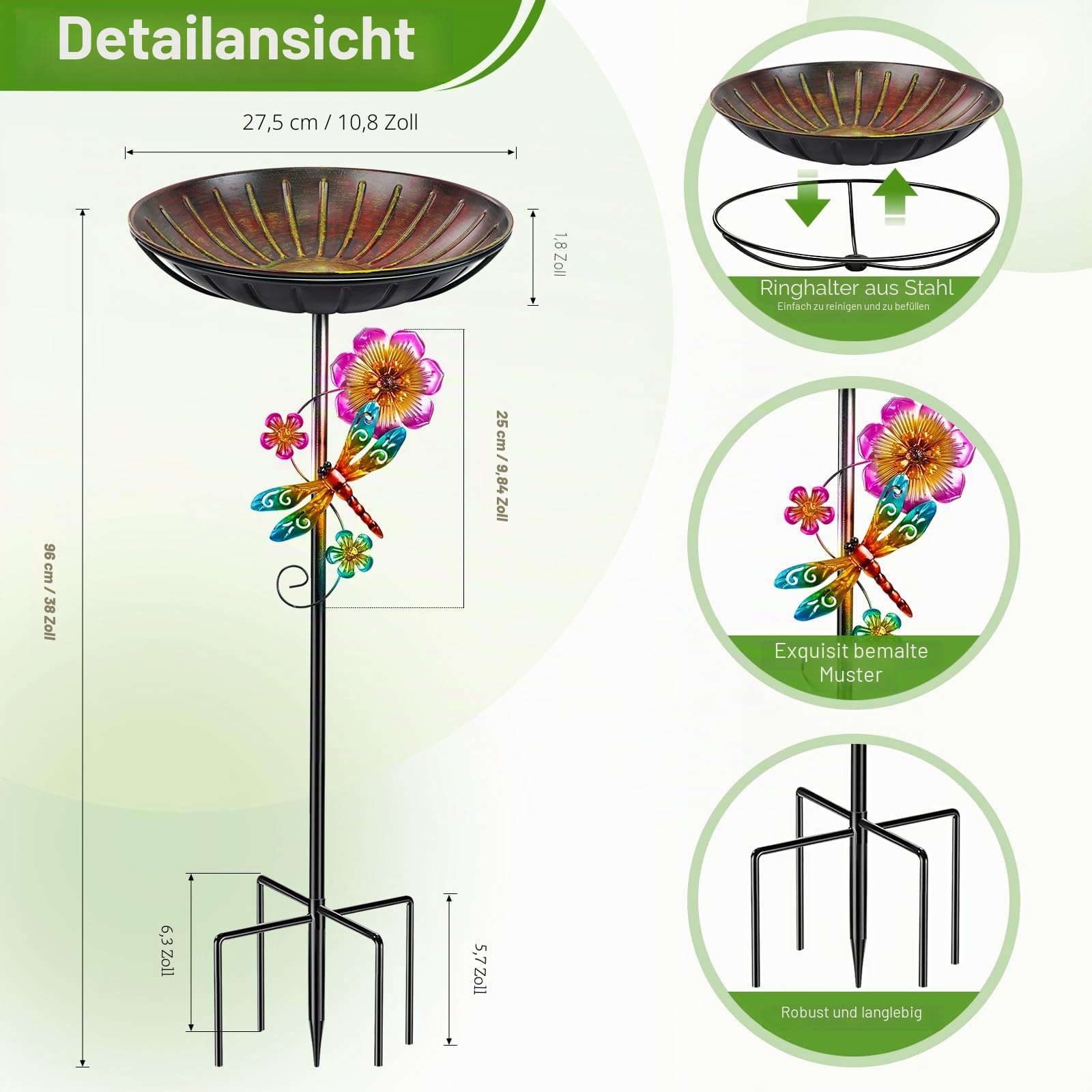 Vogeltränke Stehend 96cm, Vogelbad für Draußen Garten, Metall Futter Schale mit Stabiler 5-Zinken-Basis, Wassertränke für Vögel Vogeltränke Groß Winterfest Frostsicher (Antike Rot-Gelb)