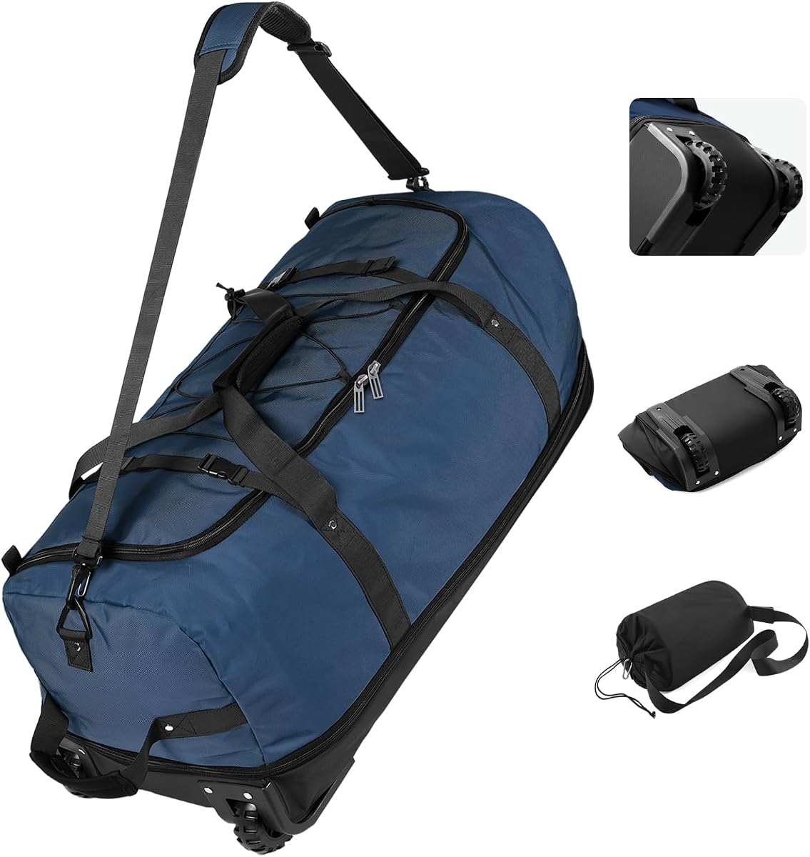 Vomgomfom Wheeled Collapsible Duffel Bag 110L-140L Expandable,Navy | Tear-Resistant PVC-Laminated Oxford, Reinforced Base, Stands Upright Empty, Compression Straps & Bungee, Padded Handles