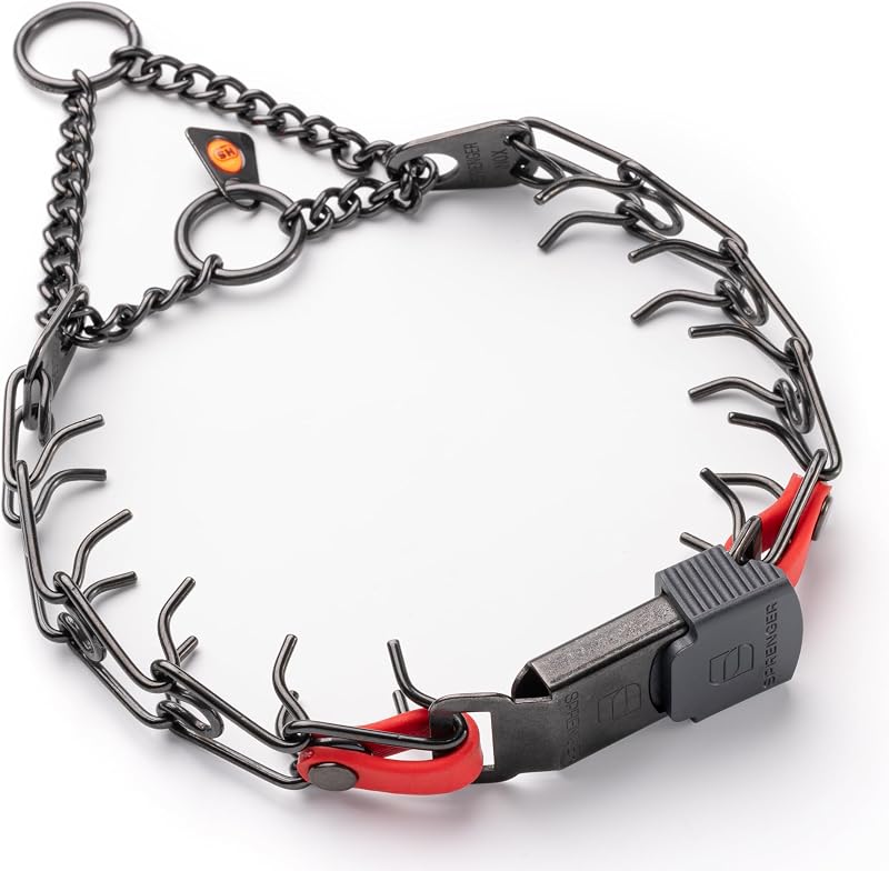 Coleira de Pinos para Cães Herm Sprenger em Aço Inoxidável Preto com Fivela ClicLock e Inserto de Biothane Cherry Red, 40,64 cm x 2,25 mm