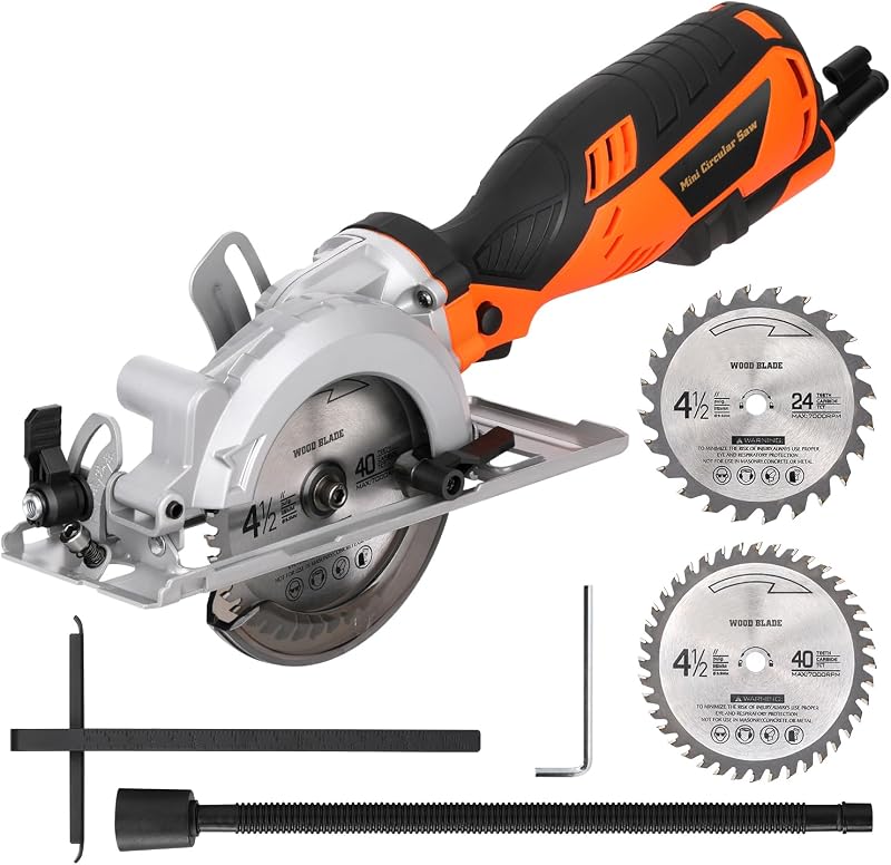 5.8A Power Circular Saw,4-1/2" Electric Saw 3500RPM 2 Pcs Blades | Corded Mini Circular Saw Maximum Cutting 1-11/16" at 90° and 1-1/8"at 45° for Wood, Soft Metal, Plastic