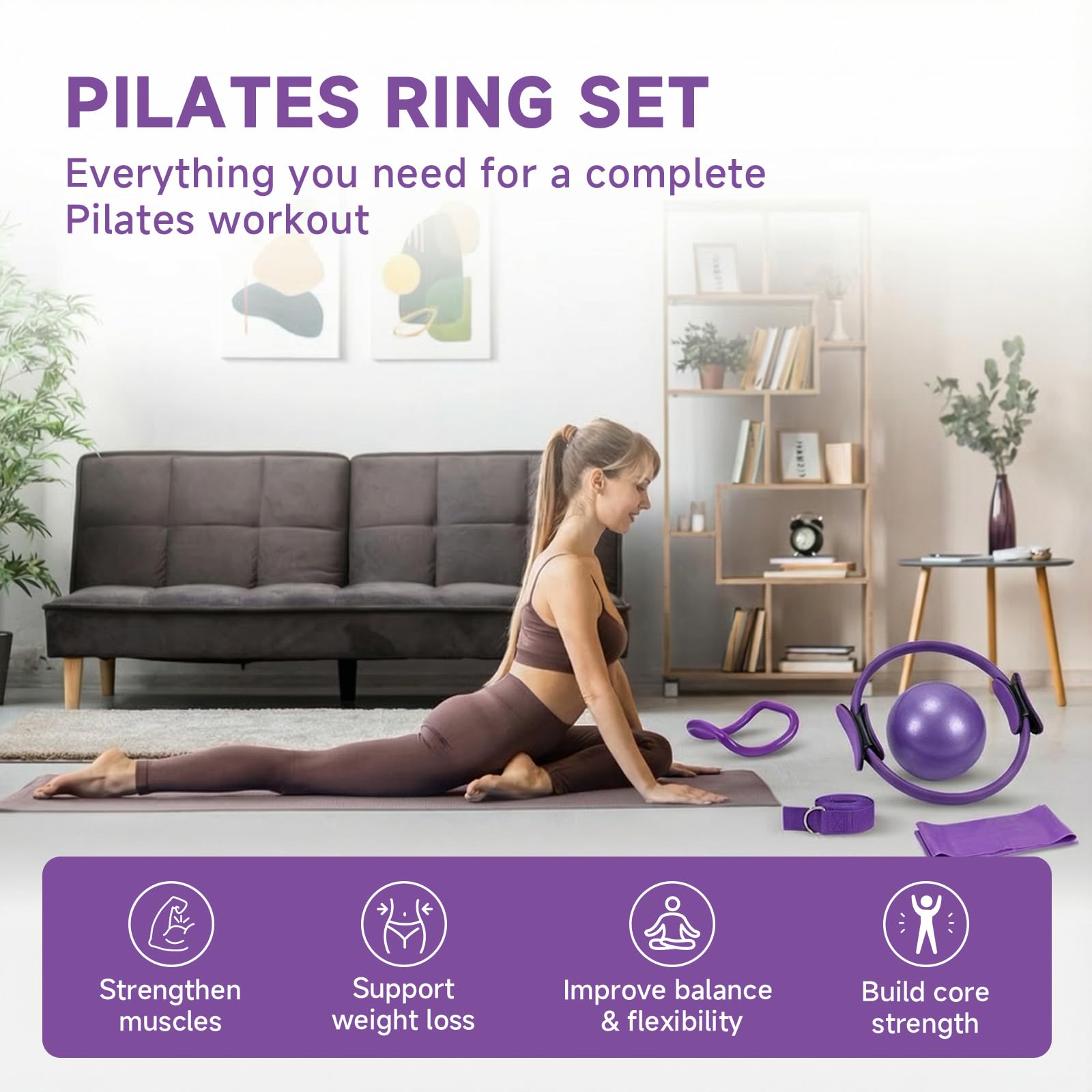 Pilates Ring Set, Pilates Ring für Frauen, Widerstandsring mit Doppelgriff für Beine, Arme, für Gewichtsverlust, Straffung, Widerstandsbändern, 25 cm Yoga-Ball für Frauen