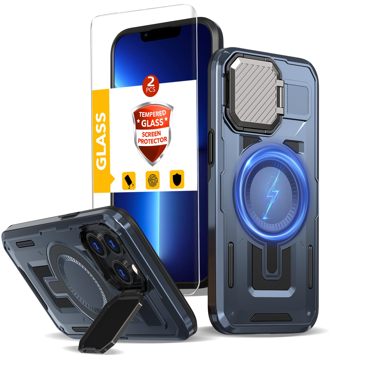 THBONRA for iPhone 13 Pro Case Magnetic [Compatible with MagSafe Support Wireless Charger] Built-in Camera Cover Kickstand+with 2 Tempered Glass