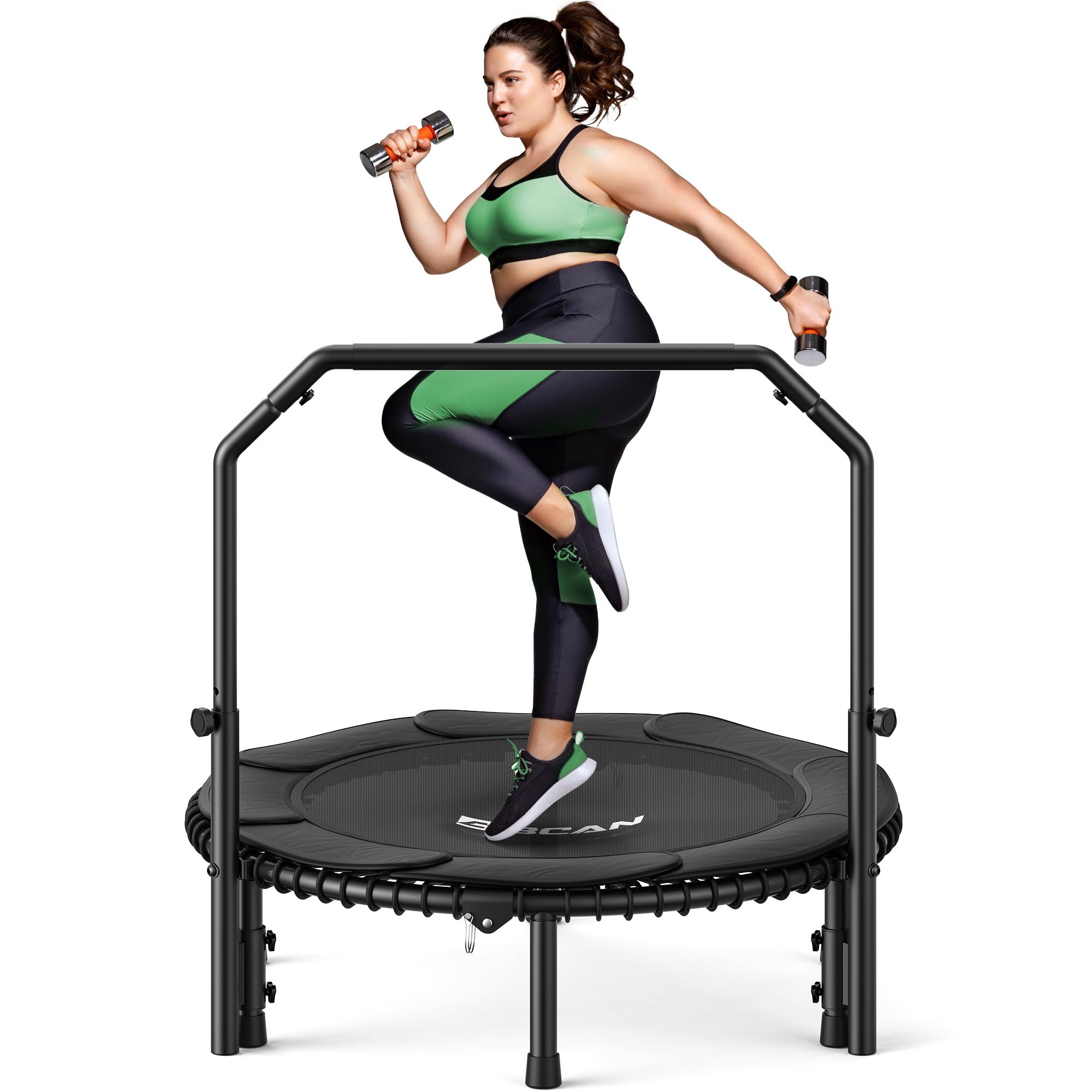 BCAN BT2 450/550LBS Mini Rebounder Trampoline for Adults with Bar, Fitness Trampoline with Bungees, Adjustable Handle, Stable & Quiet, Indoor Outdoor, Whole-Body Workout - 40IN/48IN | FED Fitness