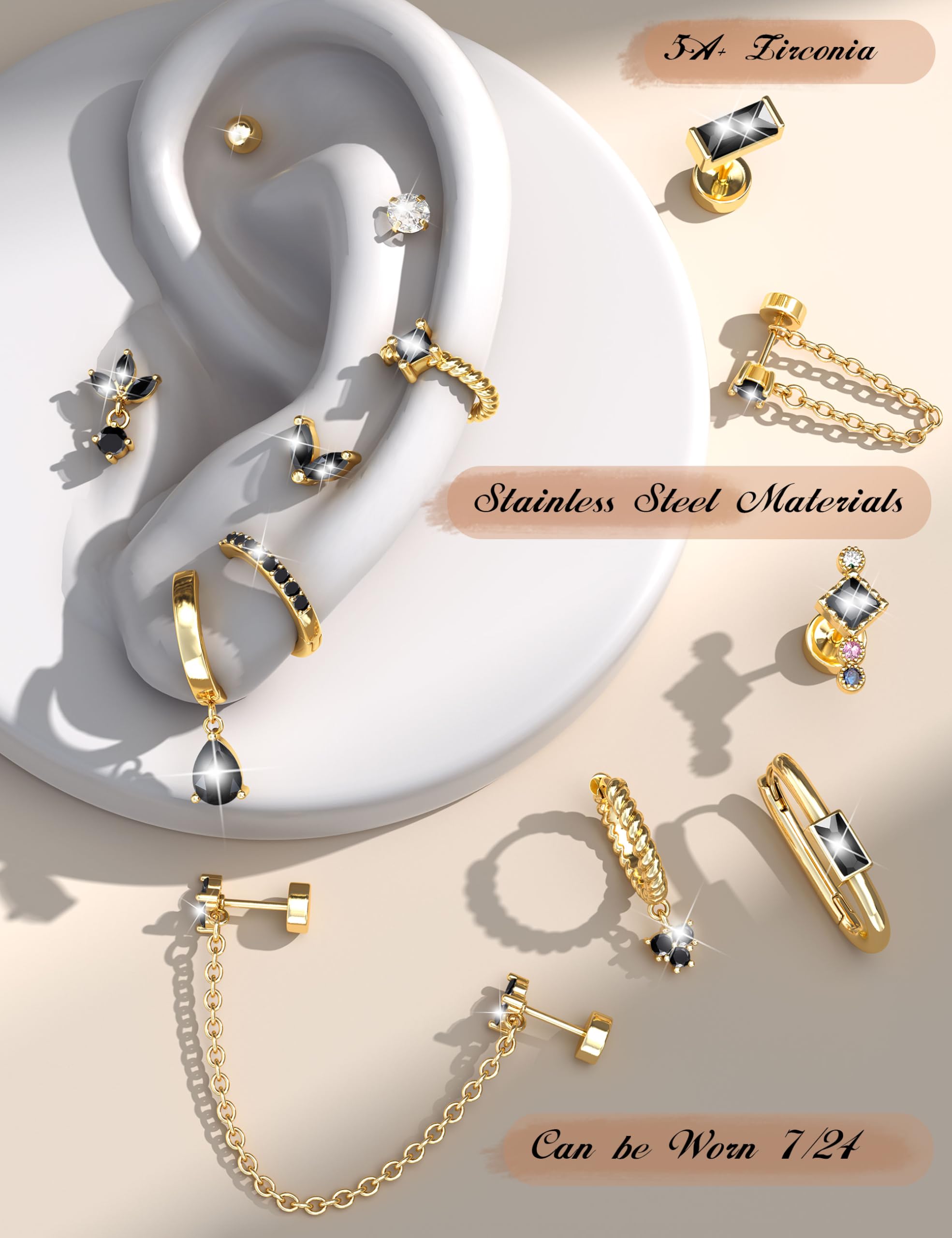13-teiliges Gold-Ohrring-Set für mehrere Piercings, Damen, Flache Rückseite, 14 Karat vergoldetes Silber, Knorpel-Helix, kleine Ohrstecker, Creolen, Huggie-grüne CZ-Ohrringe aus Edelstahl