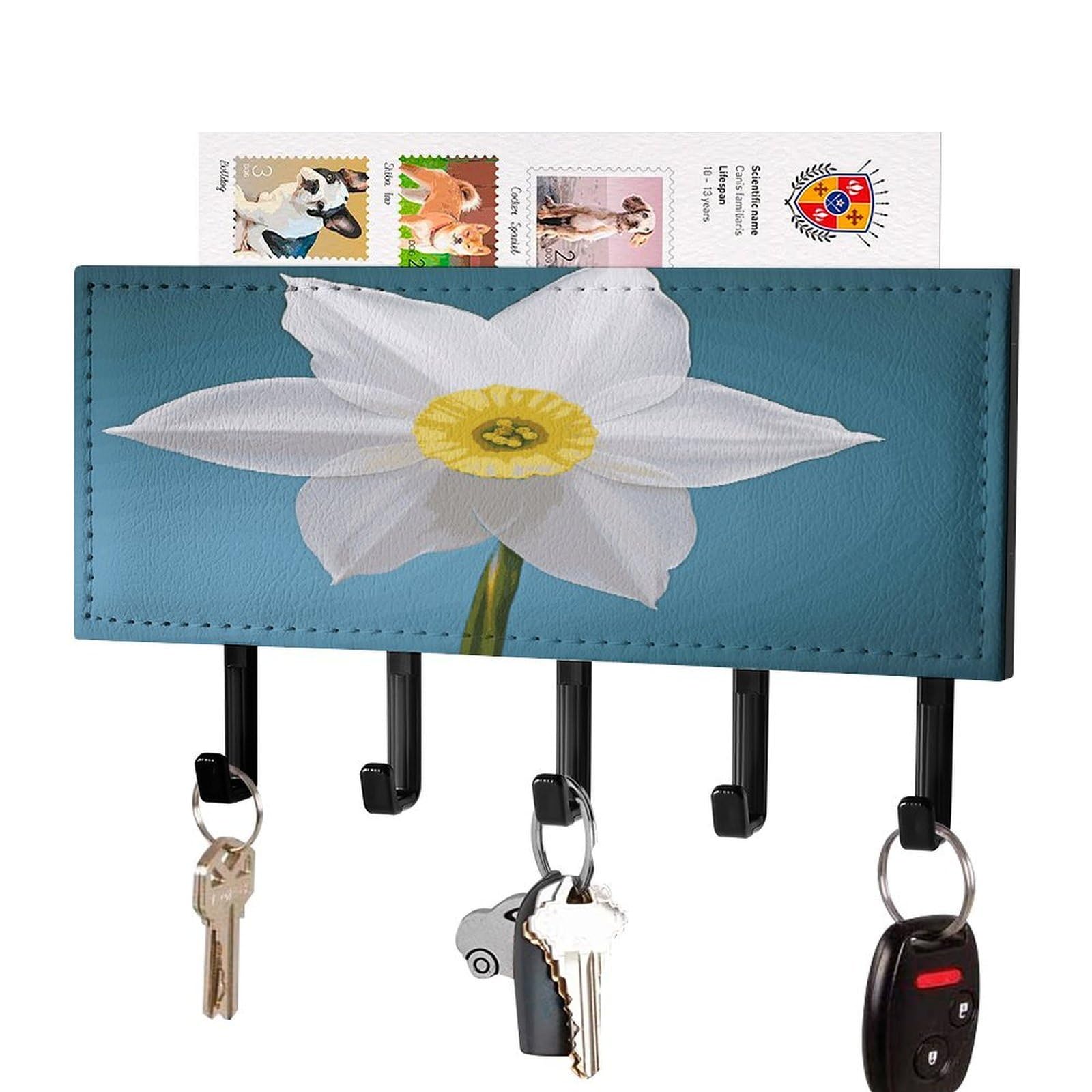 Fekiloot Black-Style White Daffodil Key Holder For Wall Decorative Mail Organizer With 5 Key Hook Self Adhesive Key Rack With Tray Coat Rack Wall Mount Key Hanger Decor For Entryway Door