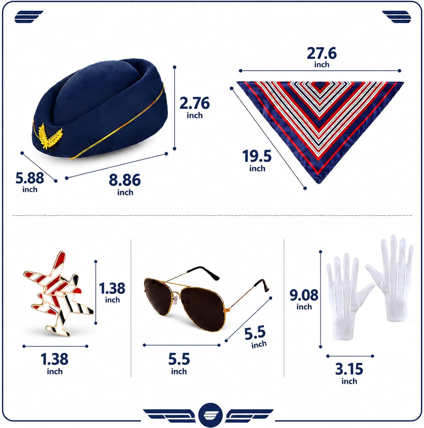 Flight Attendant Costume Accessories Women Stewardess Pilot Hat Scarf Dress Sunglasses Gloves for Women
