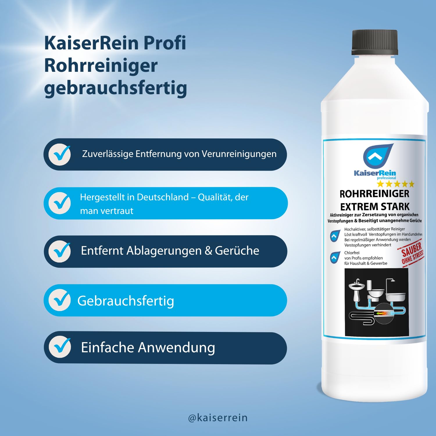 KaiserRein Profi Rohrreiniger 10L - Kraftvoller Abflussreiniger gegen Verstopfungen in Dusche, Küche und Toilette